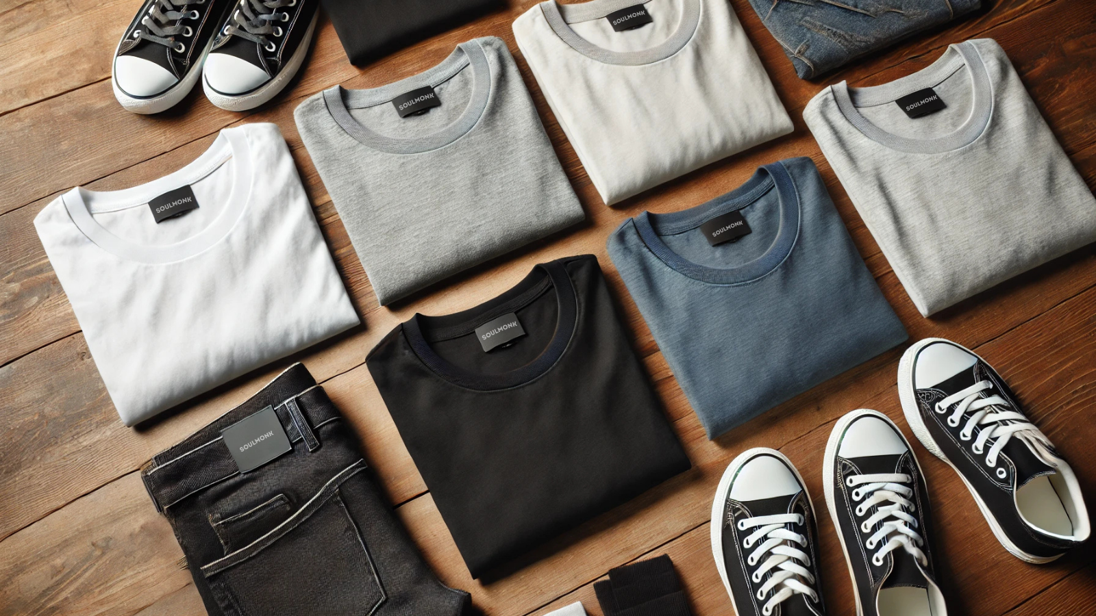 Folded casual t-shirts in various colors with jeans and sneakers showing why casual t-shirts are essential