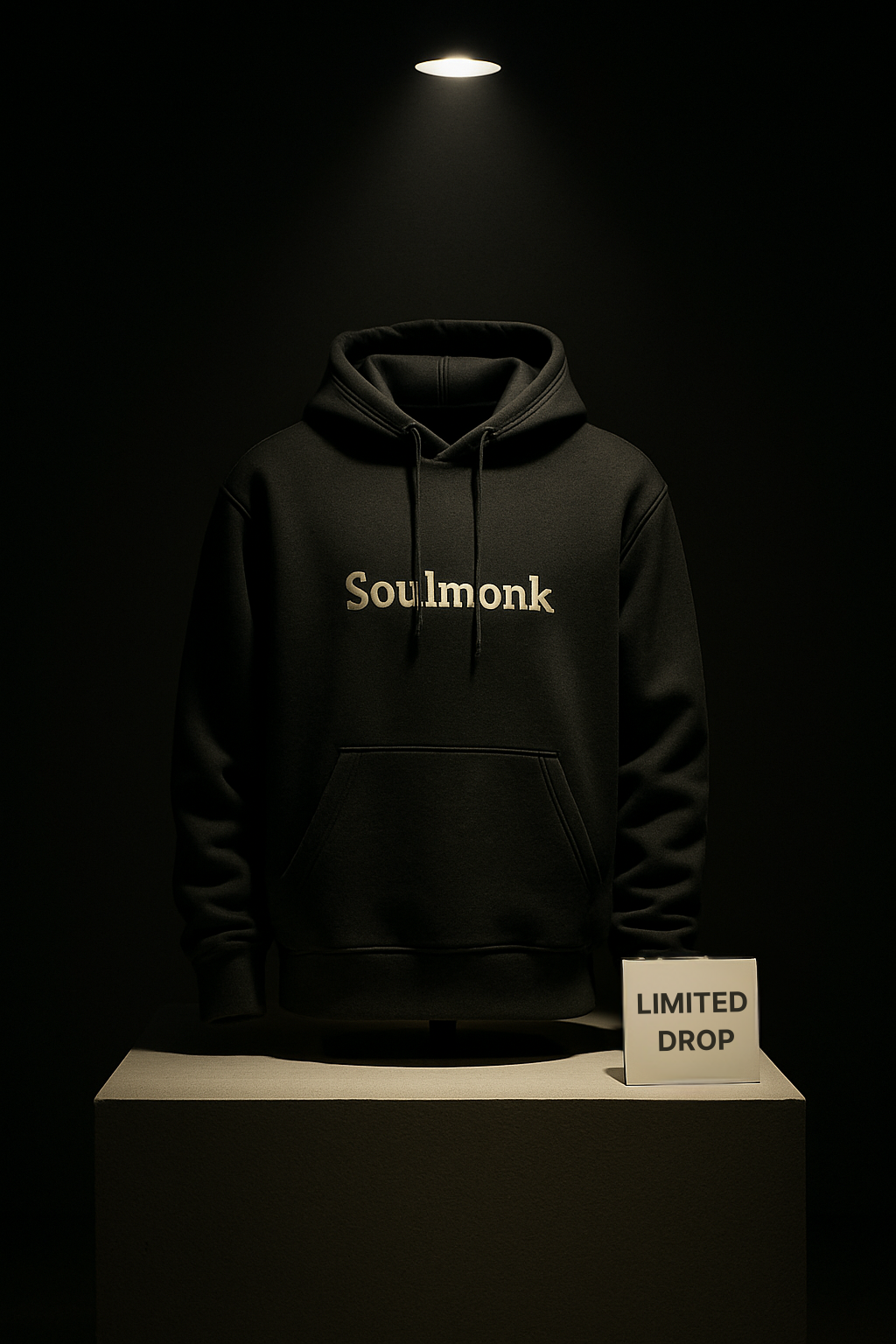 Olive Green Soulmonk hoodie featured in the top picks collection displayed under spotlight on pedestal