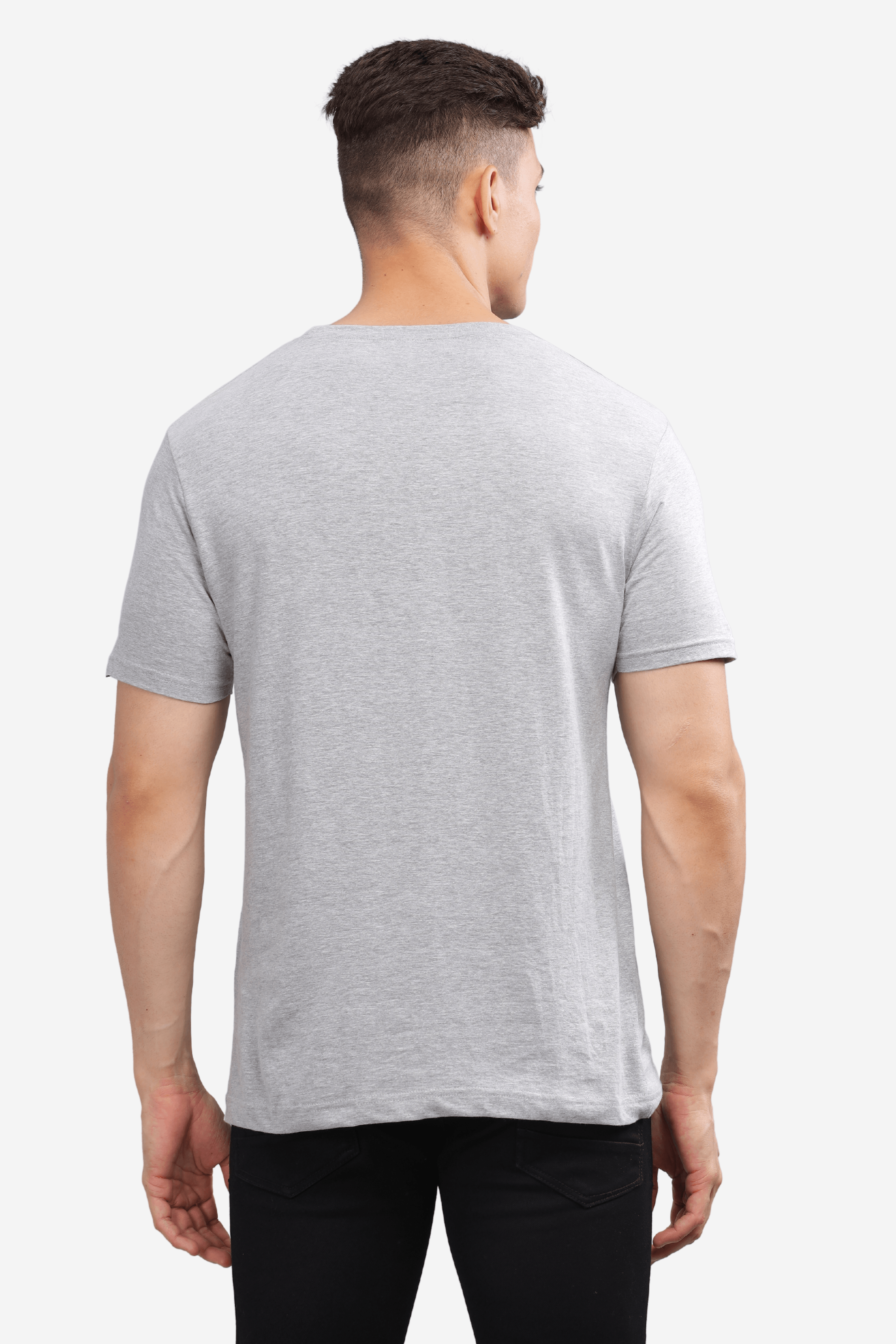 Male model wearing asphalt grey relaxed fit t-shirt by Soulmonk shown from the back