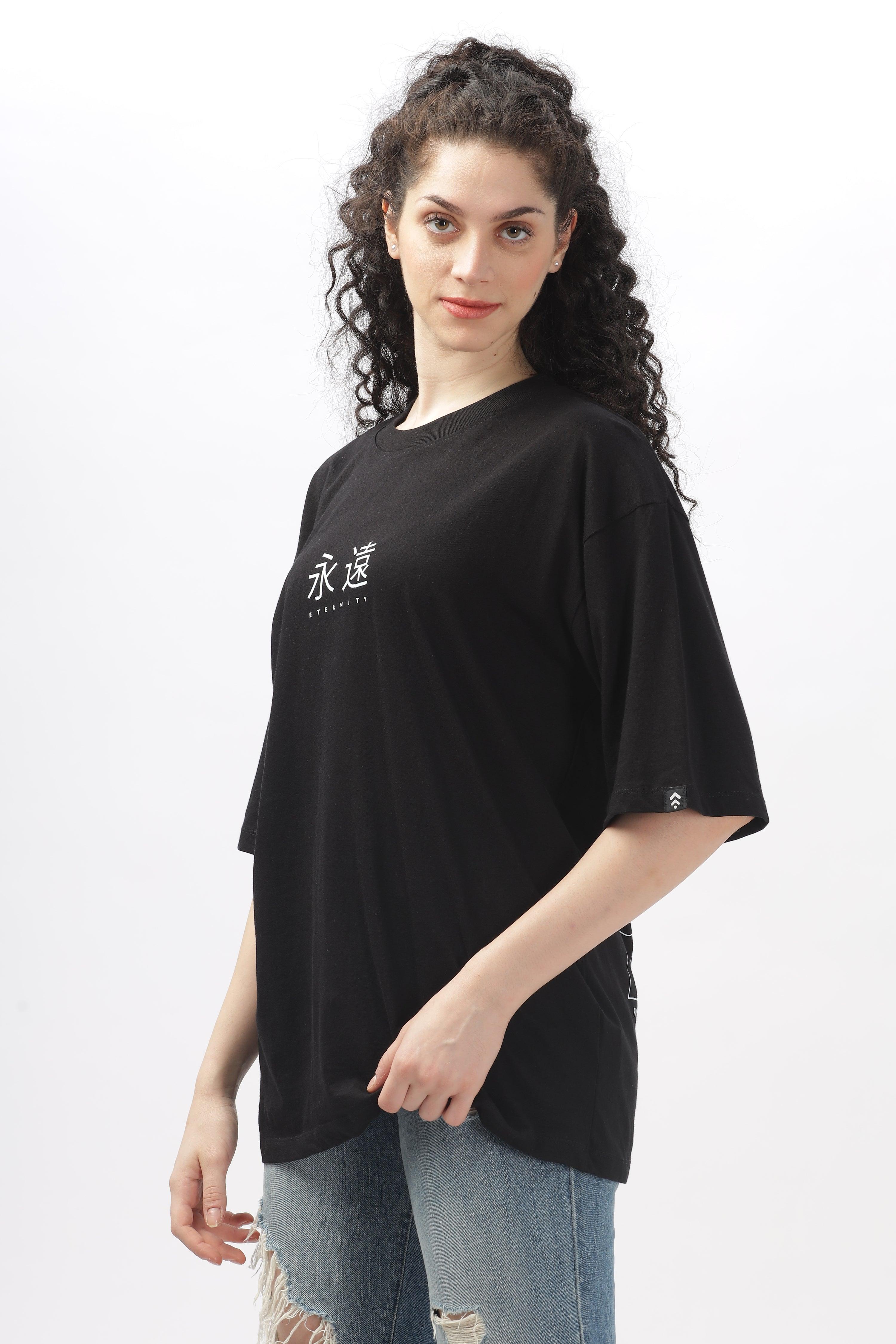 Soulmonk black oversized t-shirt for women with white graphic text worn by female model