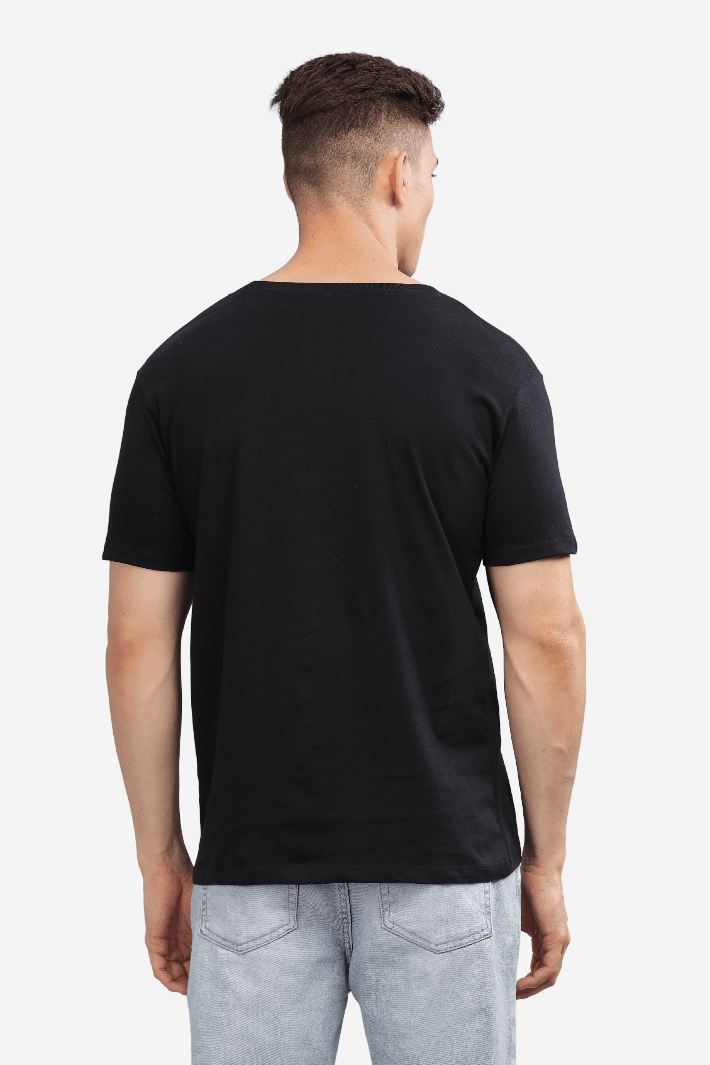 Soulmonk black relaxed fit t-shirt men shown from back on male model with light denim jeans