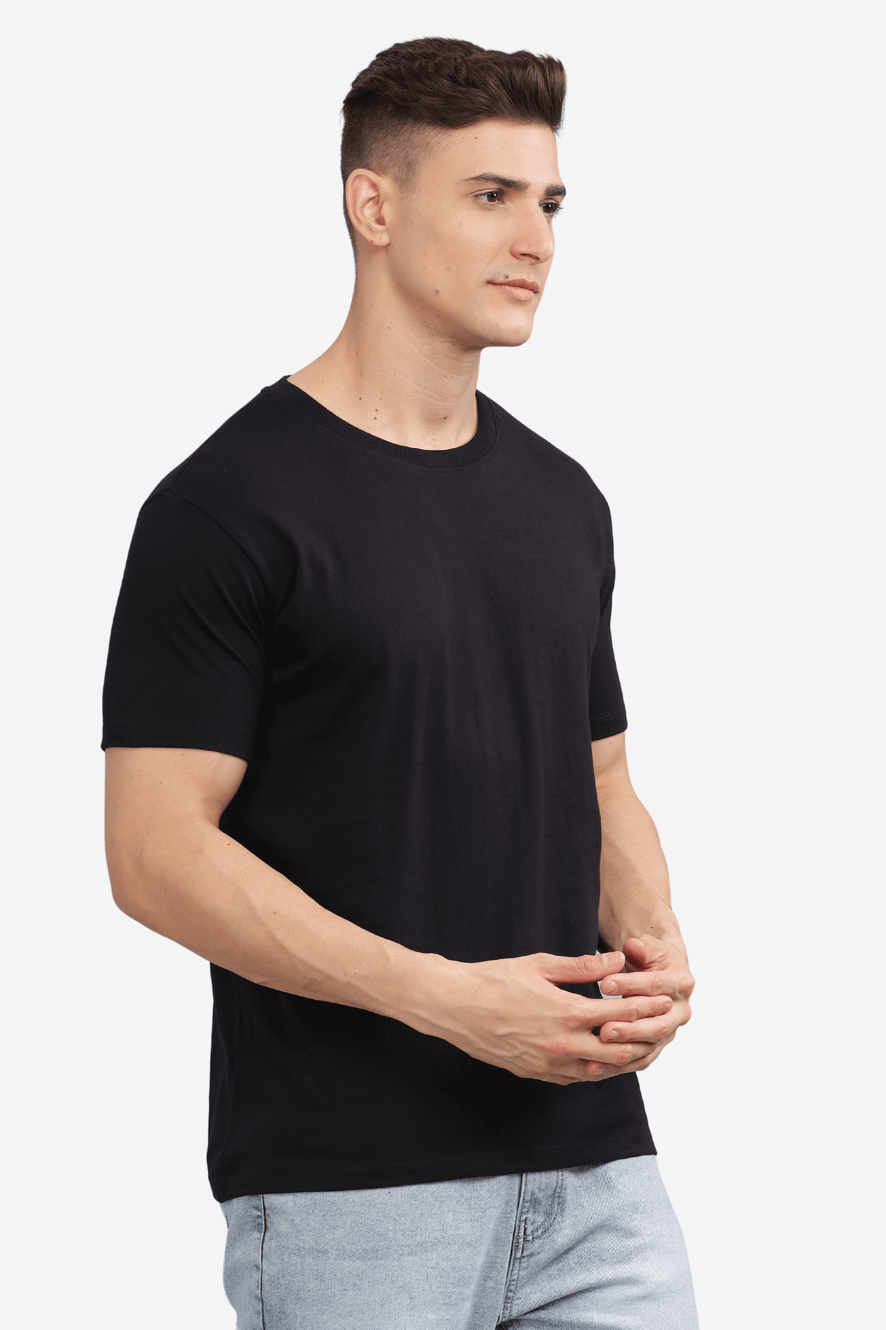 Soulmonk black relaxed fit t-shirt men worn by male model with light wash jeans