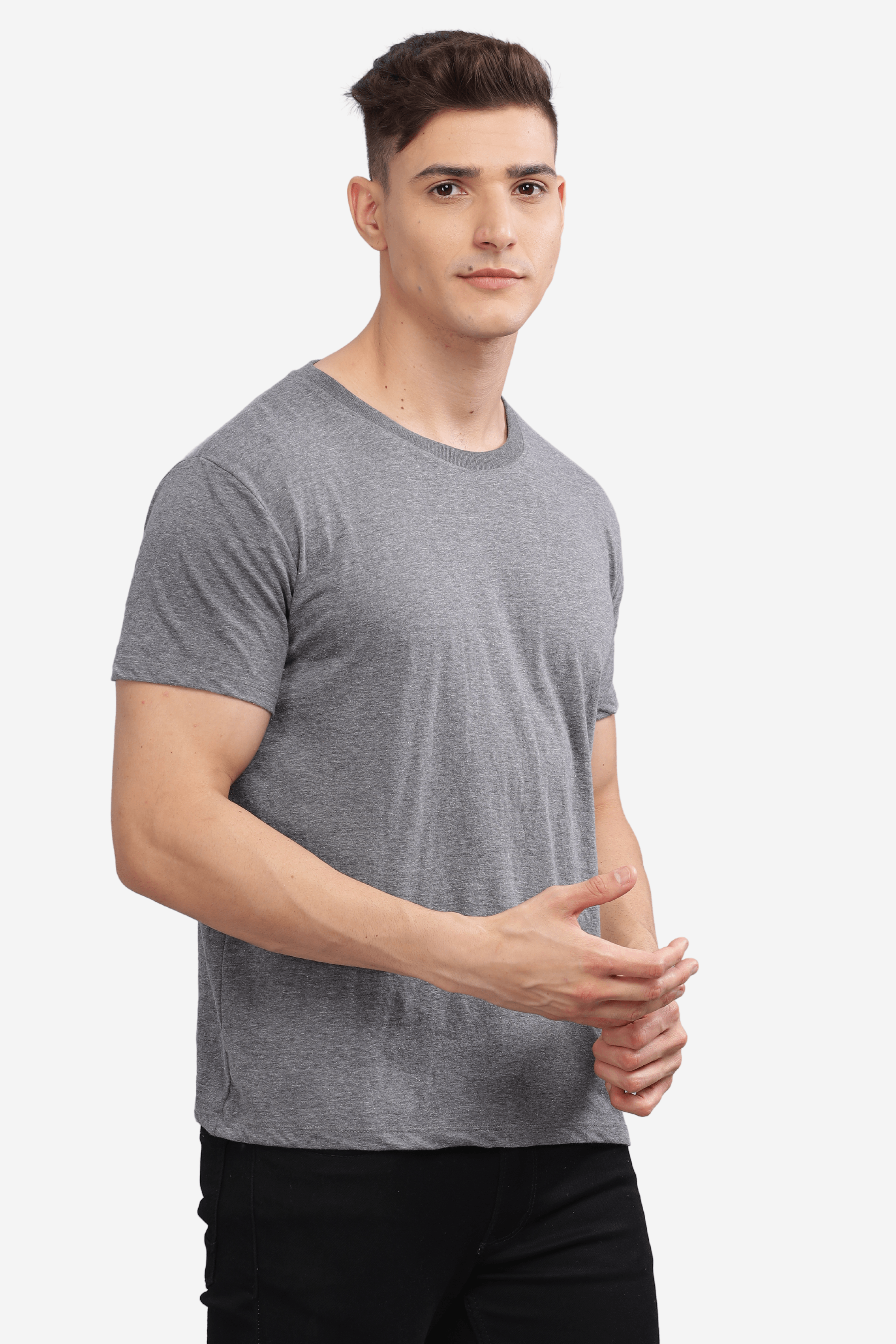 Soulmonk male model wearing a dark grey relaxed fit t-shirt with short sleeves