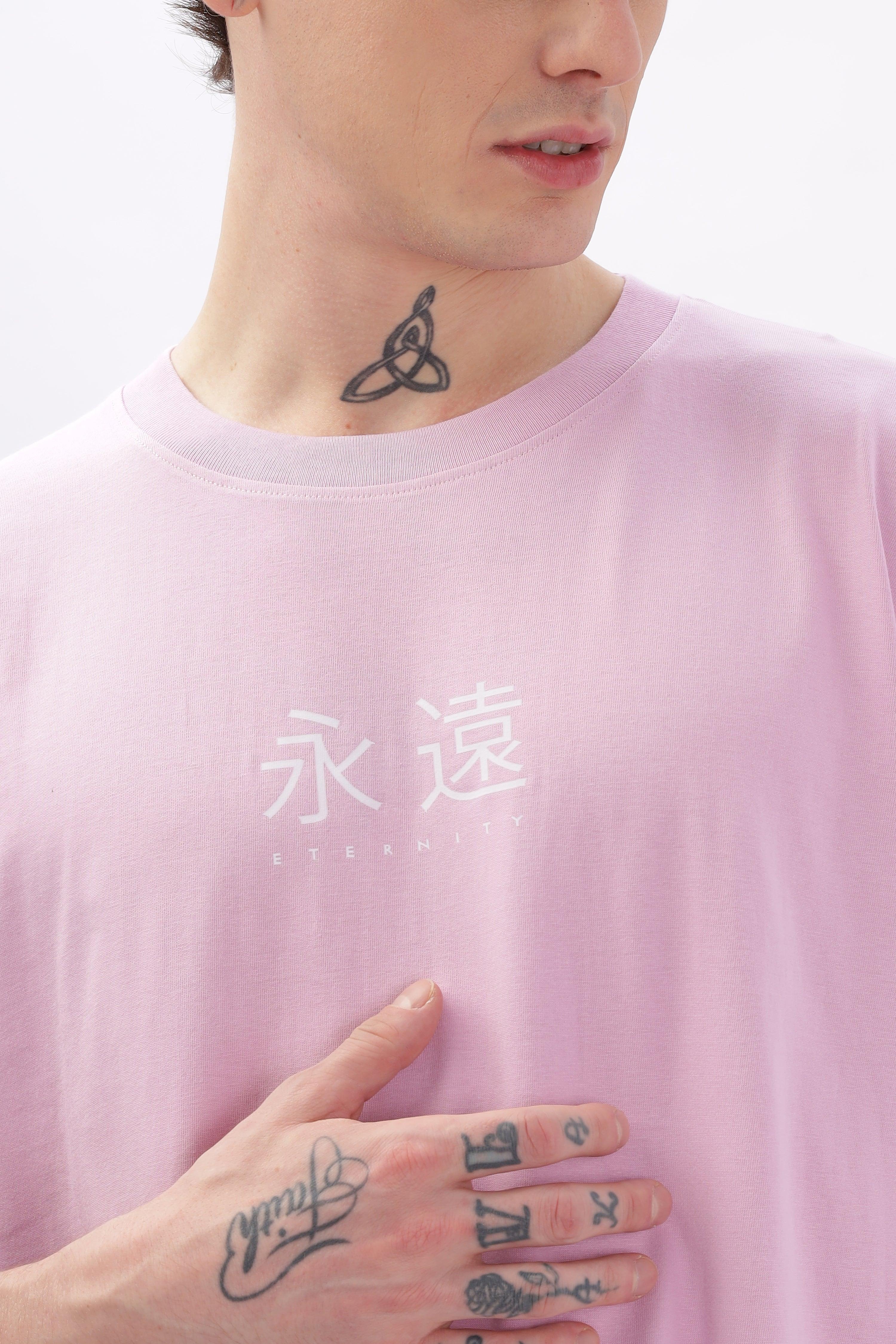 Soulmonk lilac oversized t-shirt worn by male model with printed white design and visible neck and hand tattoos