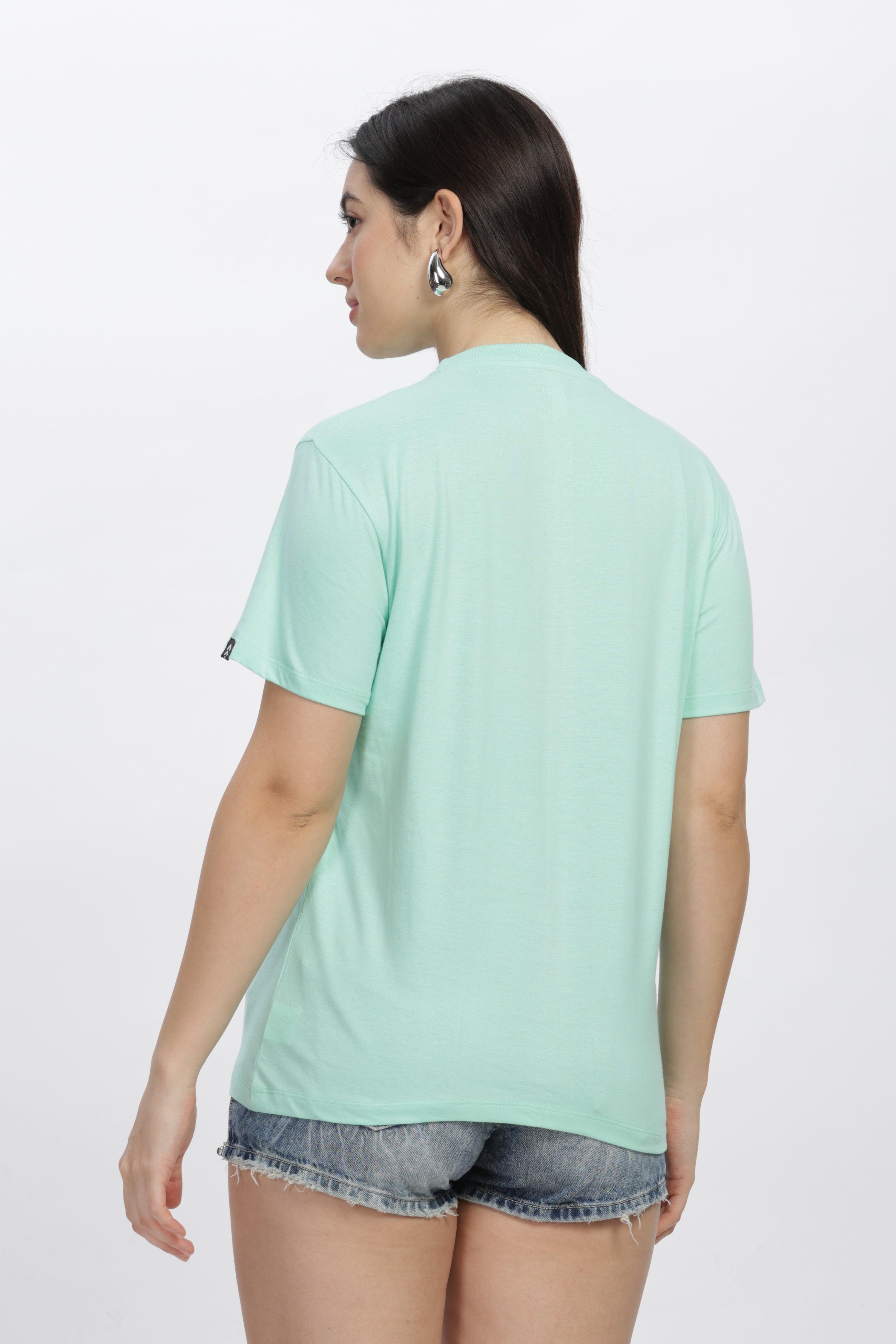 Soulmonk mint green casual t-shirt worn by female model paired with denim shorts from the back