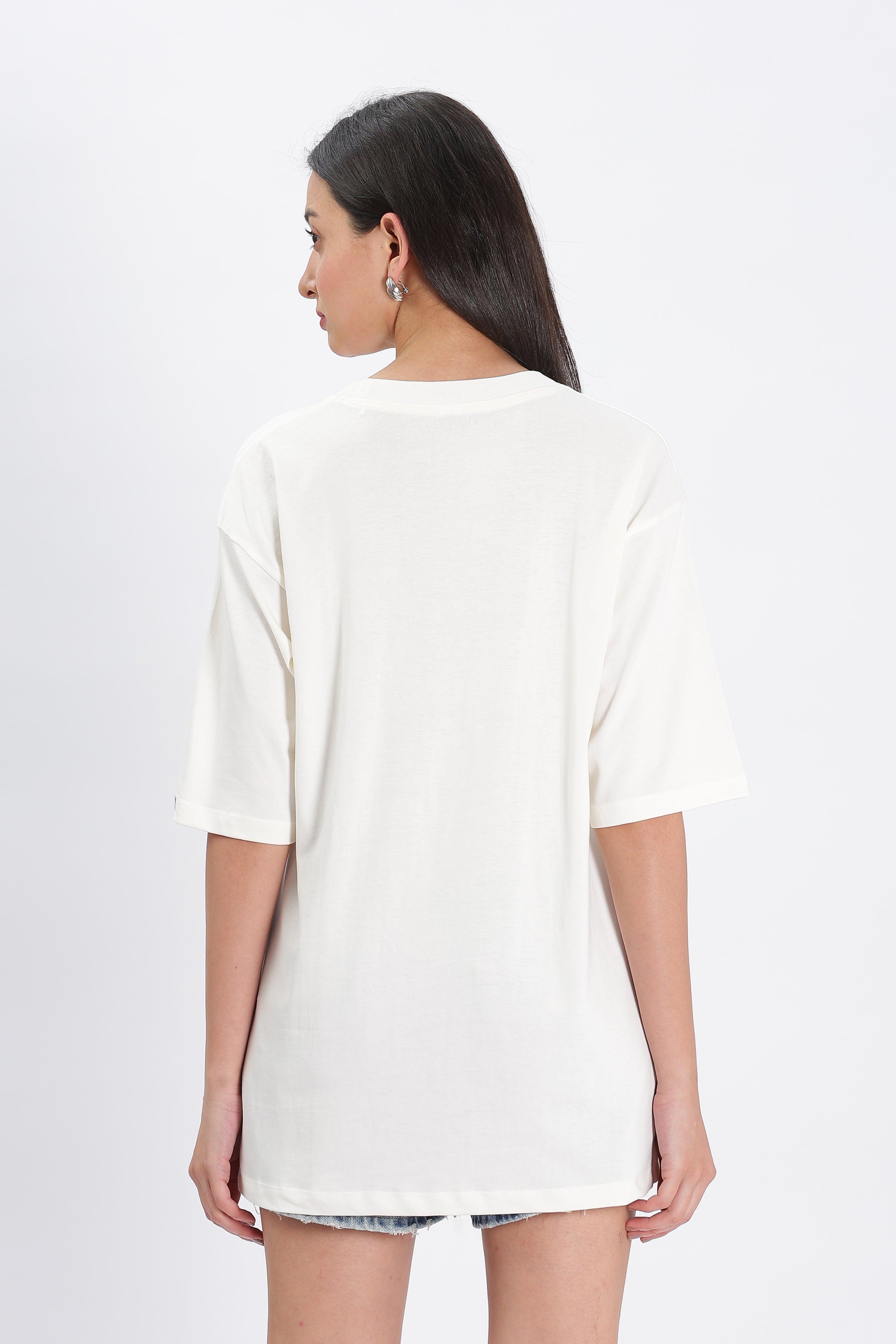 Female model wearing Soulmonk off white oversized t shirt shown from the back