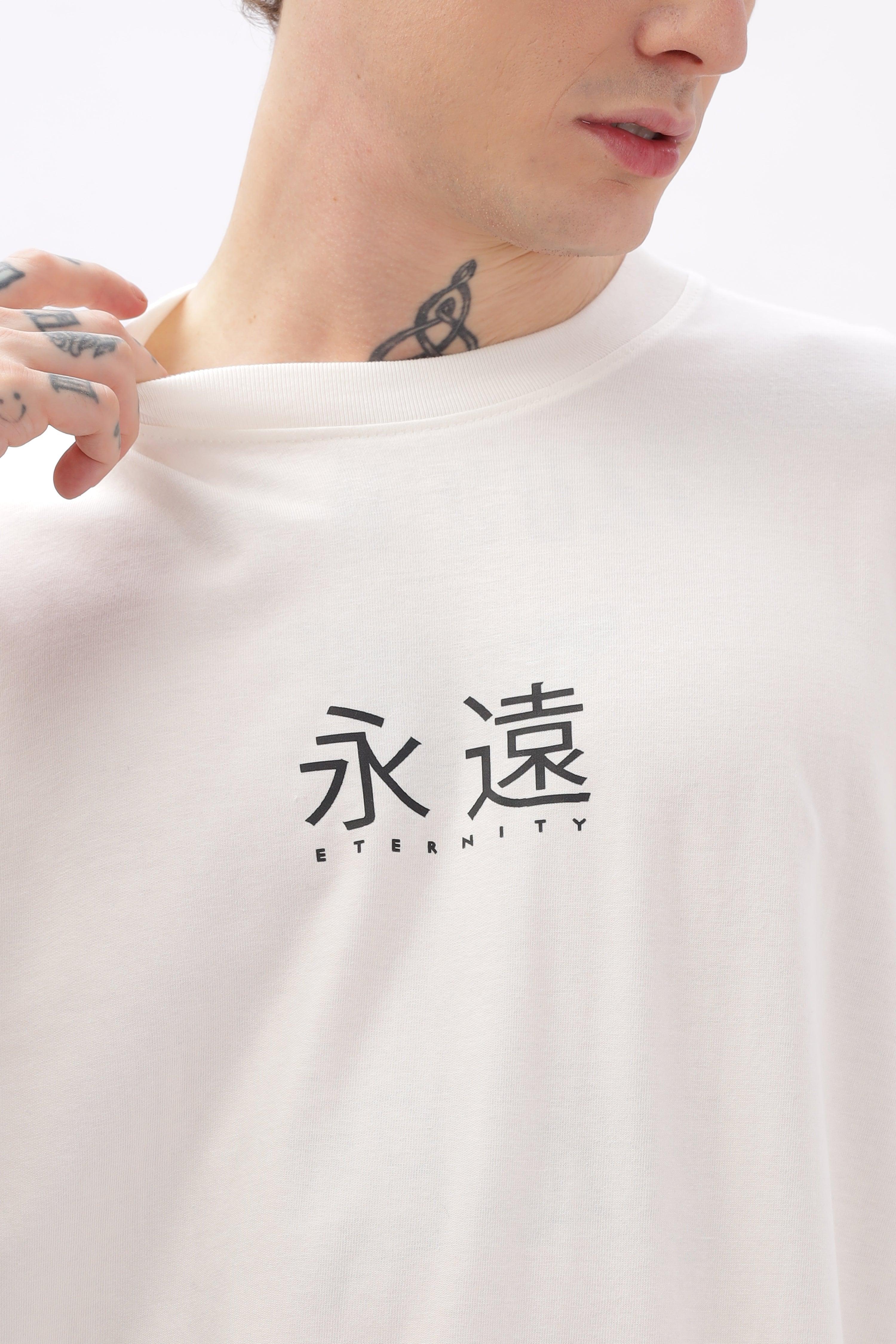 Soulmonk off-white oversized t-shirt for male with black eternity text and Japanese characters