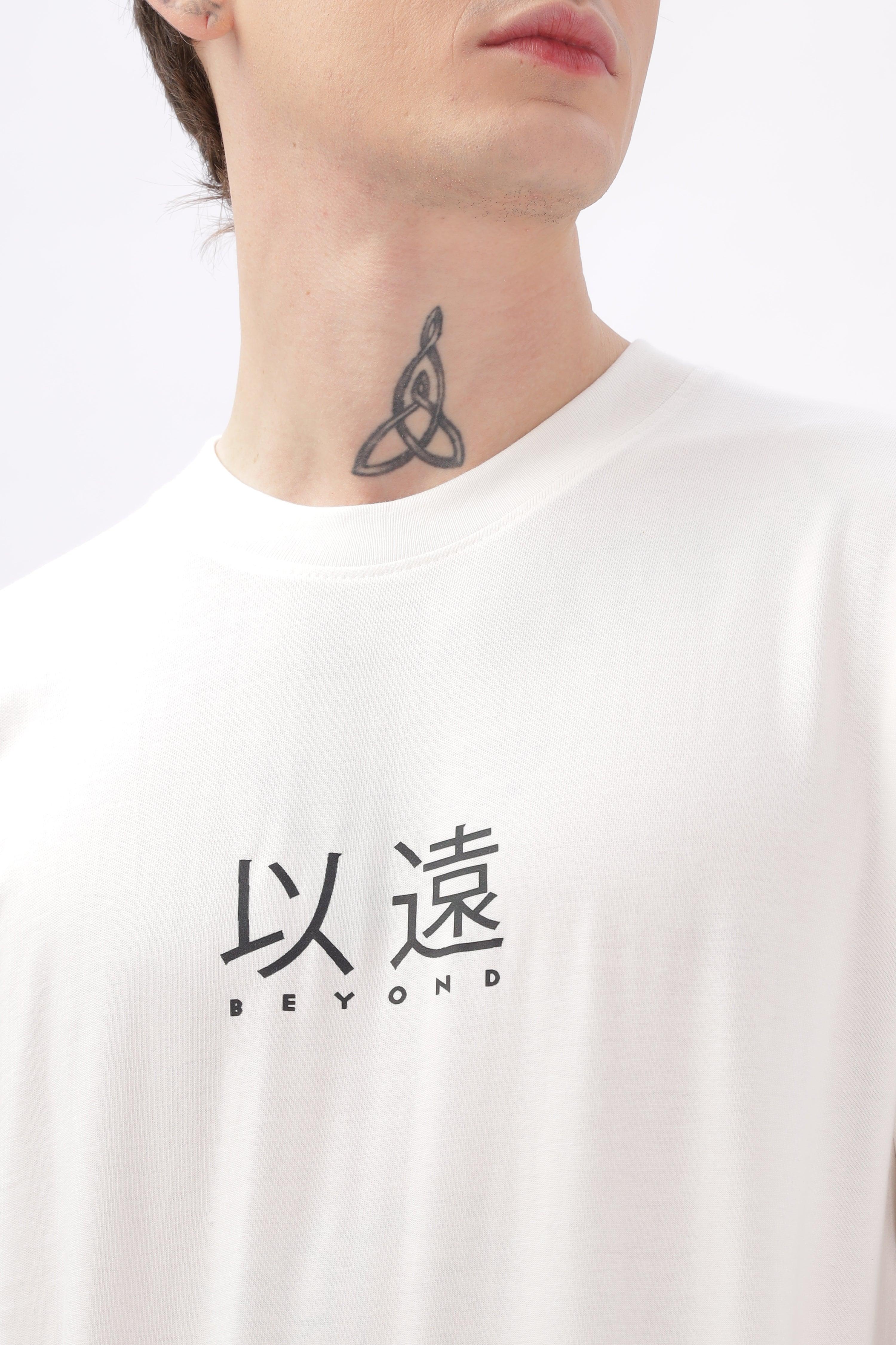 Soulmonk off-white oversized t-shirt for male with black beyond print and round neckline