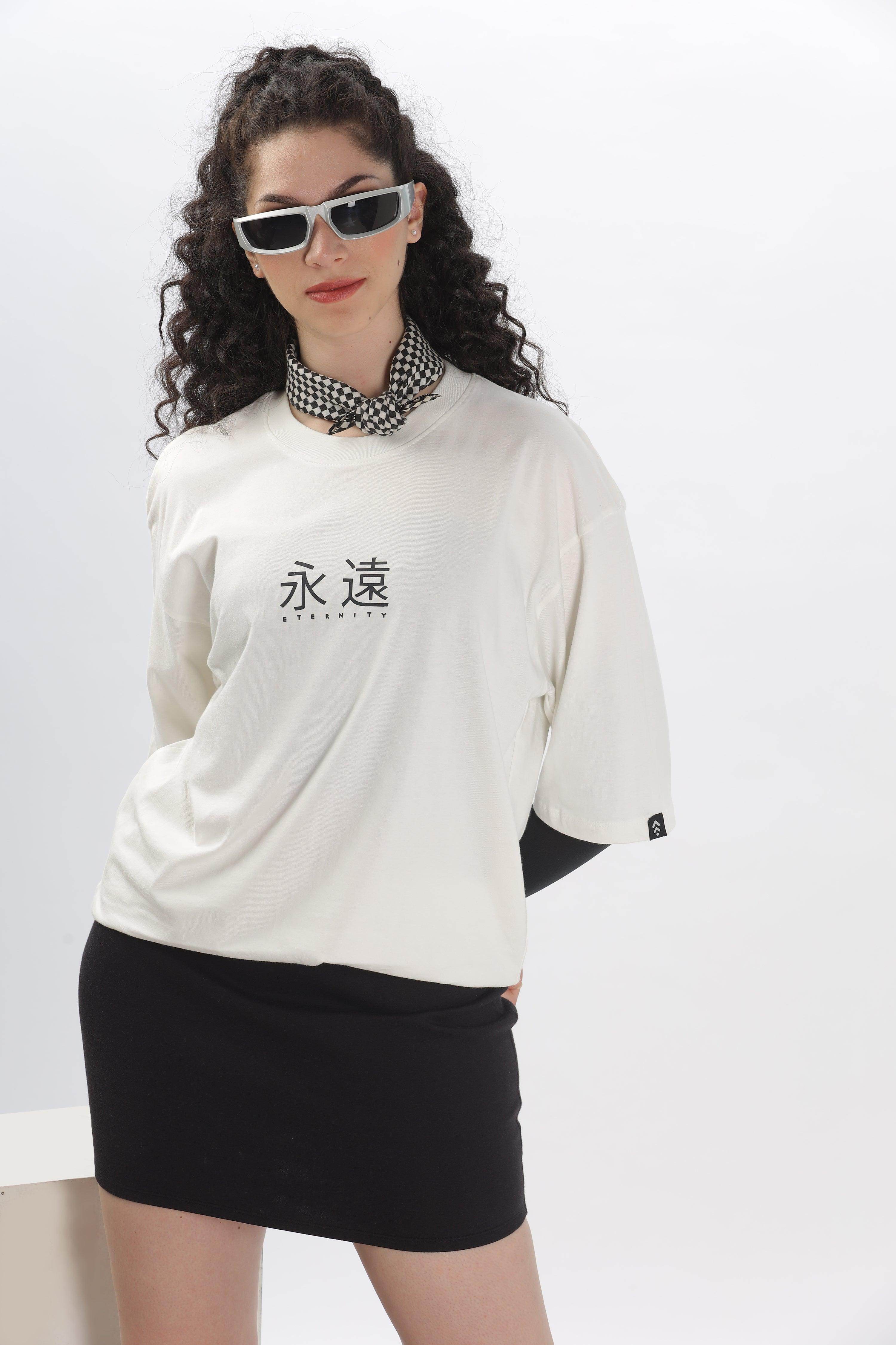 Soulmonk off-white oversized t-shirt worn by female model with black skirt and sunglasses