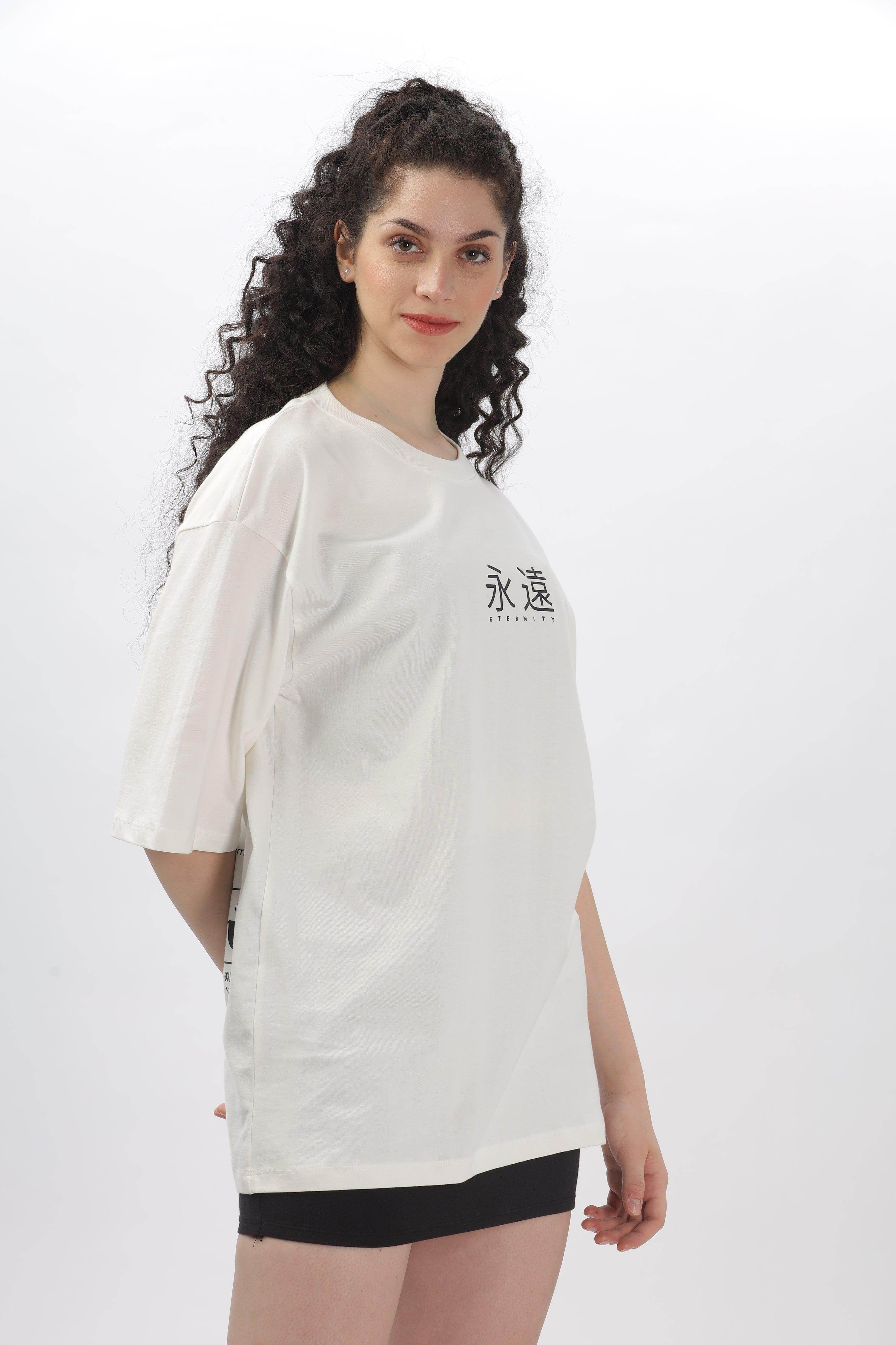 Soulmonk off-white oversized t-shirt worn by female model with curly hair in side pose