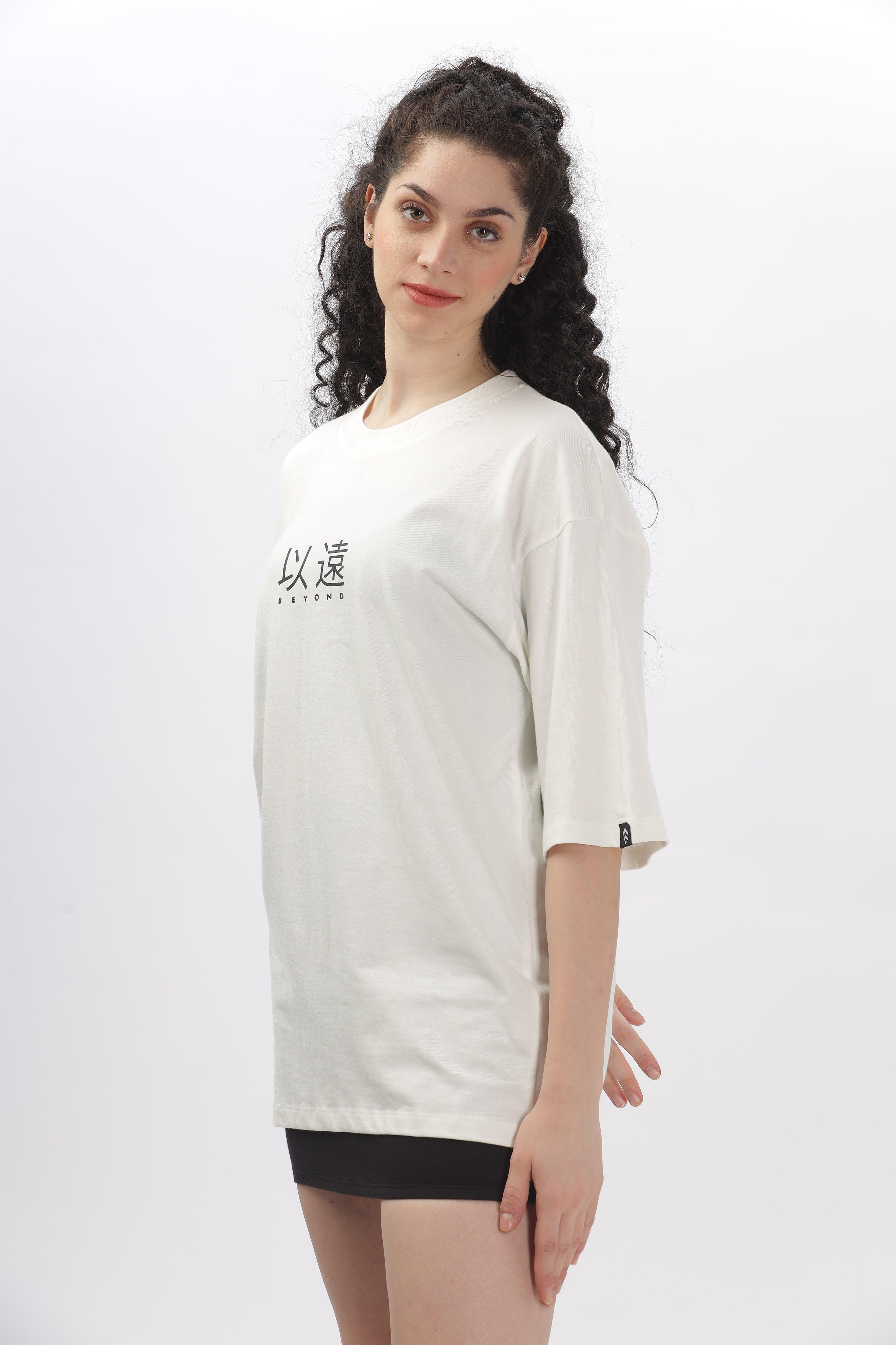 Soulmonk off-white oversized t-shirt worn by female model with printed design on front