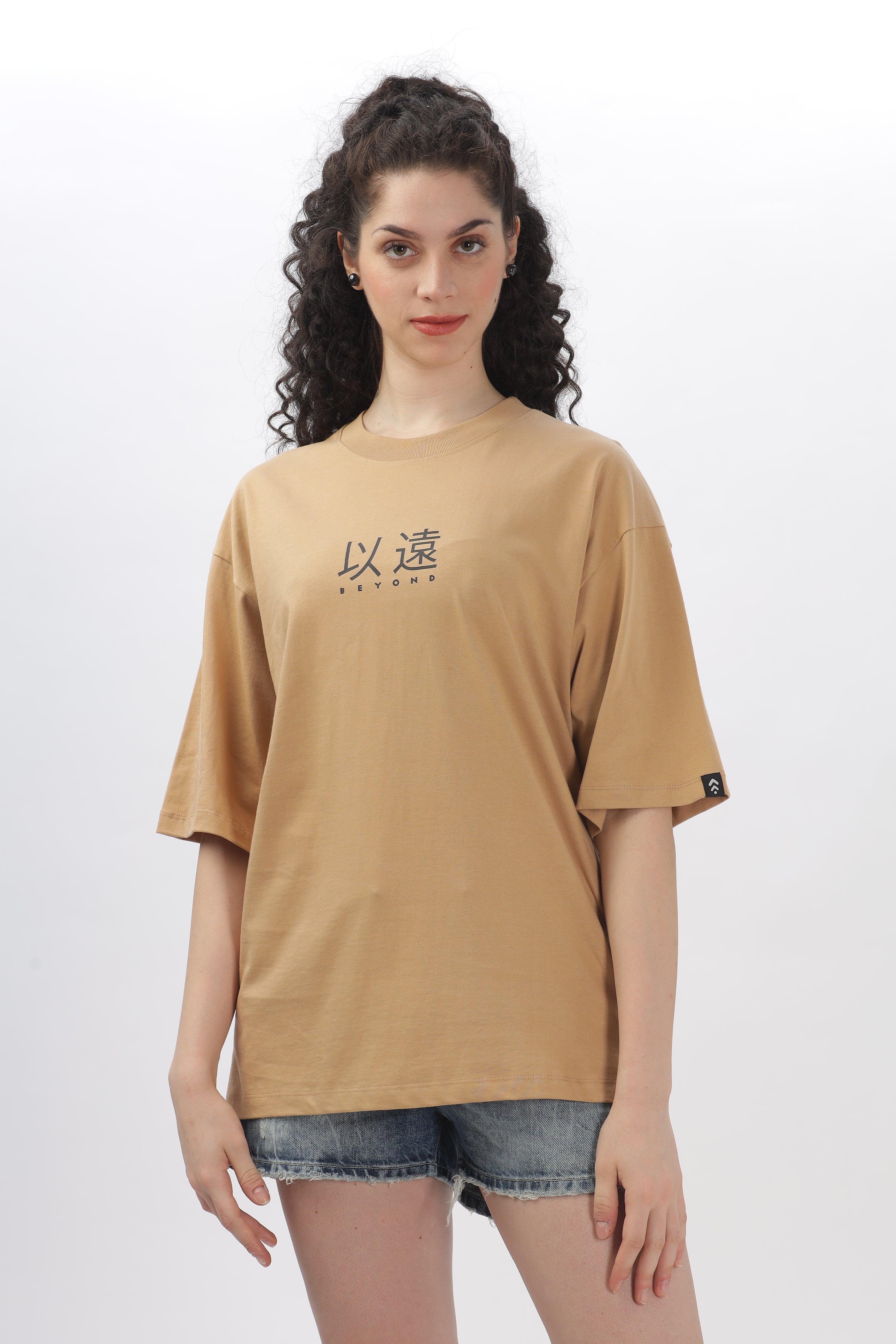 Soulmonk oversized taupe t-shirt with black graphic print worn by female model with curly hair