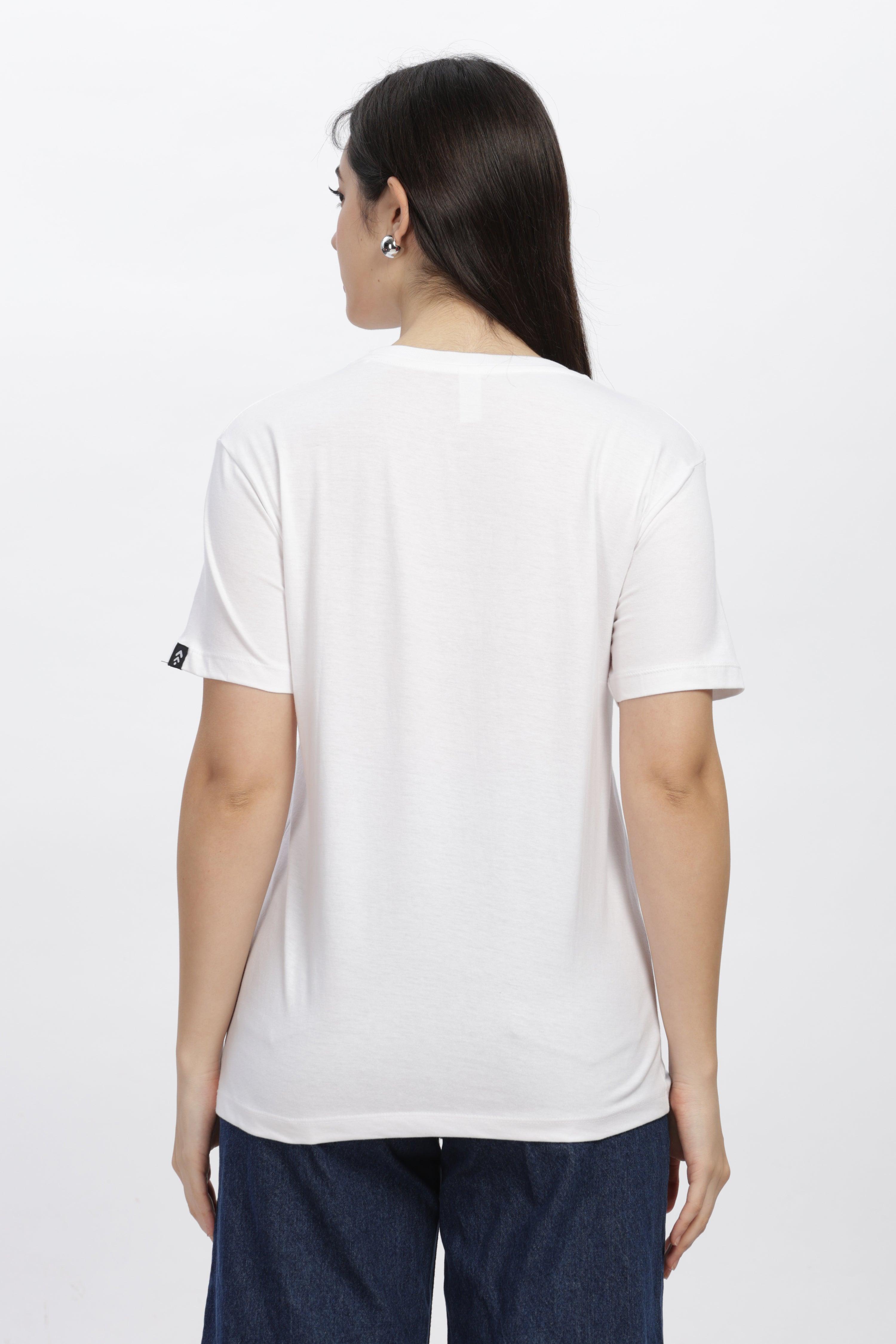 Woman wearing Soulmonk premium casual white tee shown from the back with short sleeves and relaxed fit