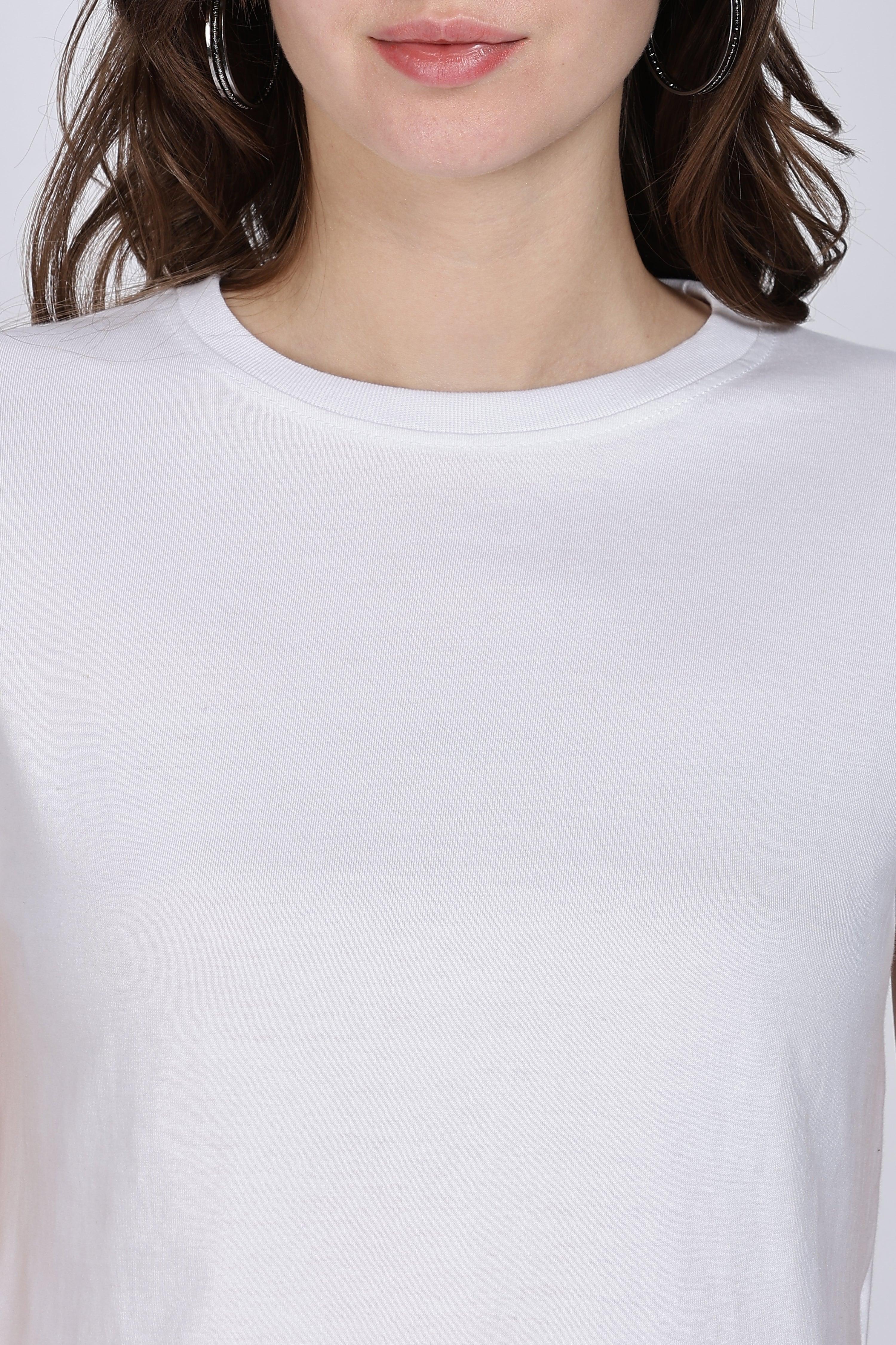 Soulmonk white crop top for women with a round neckline and soft fabric close-up