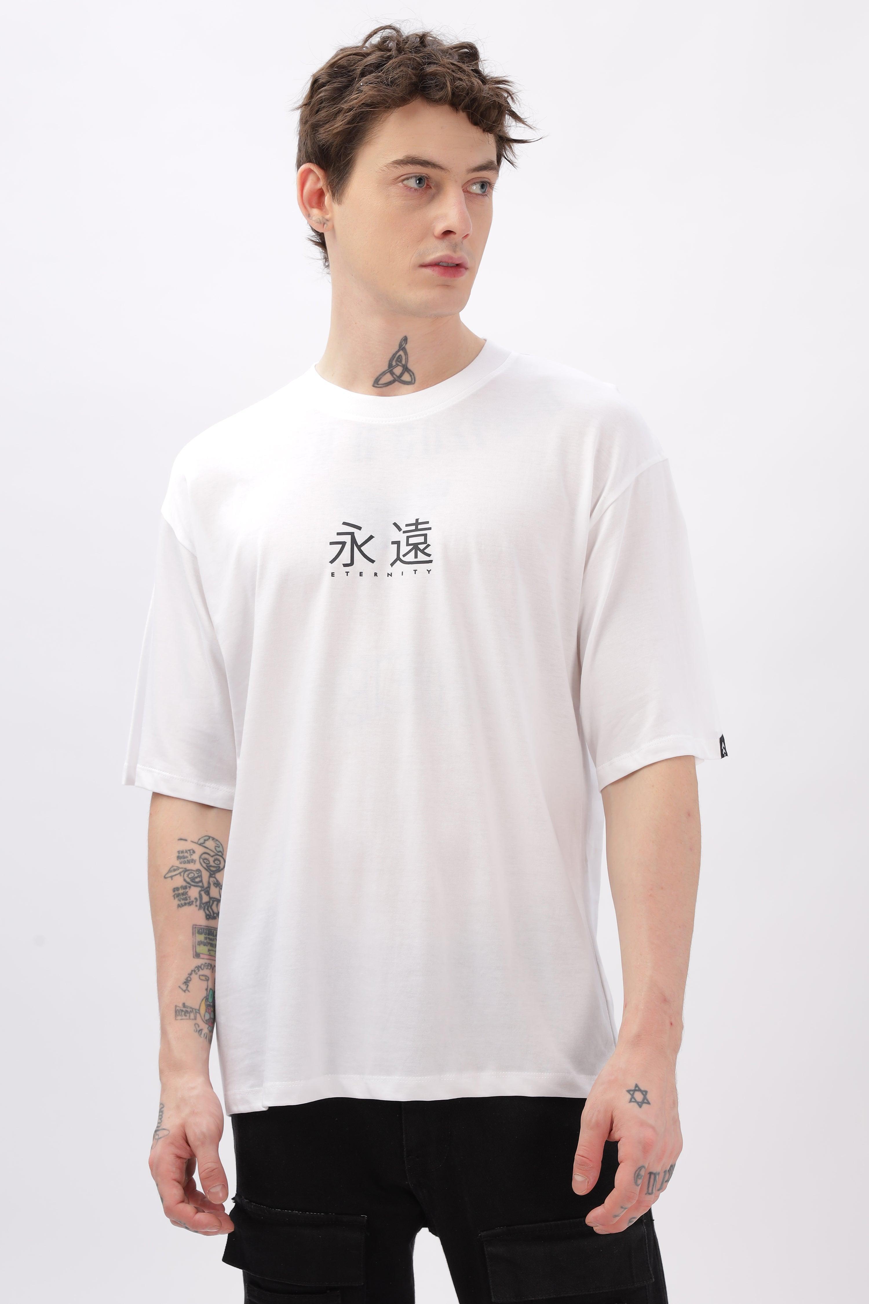 Soulmonk white oversized t-shirt for men with black Japanese text print on front