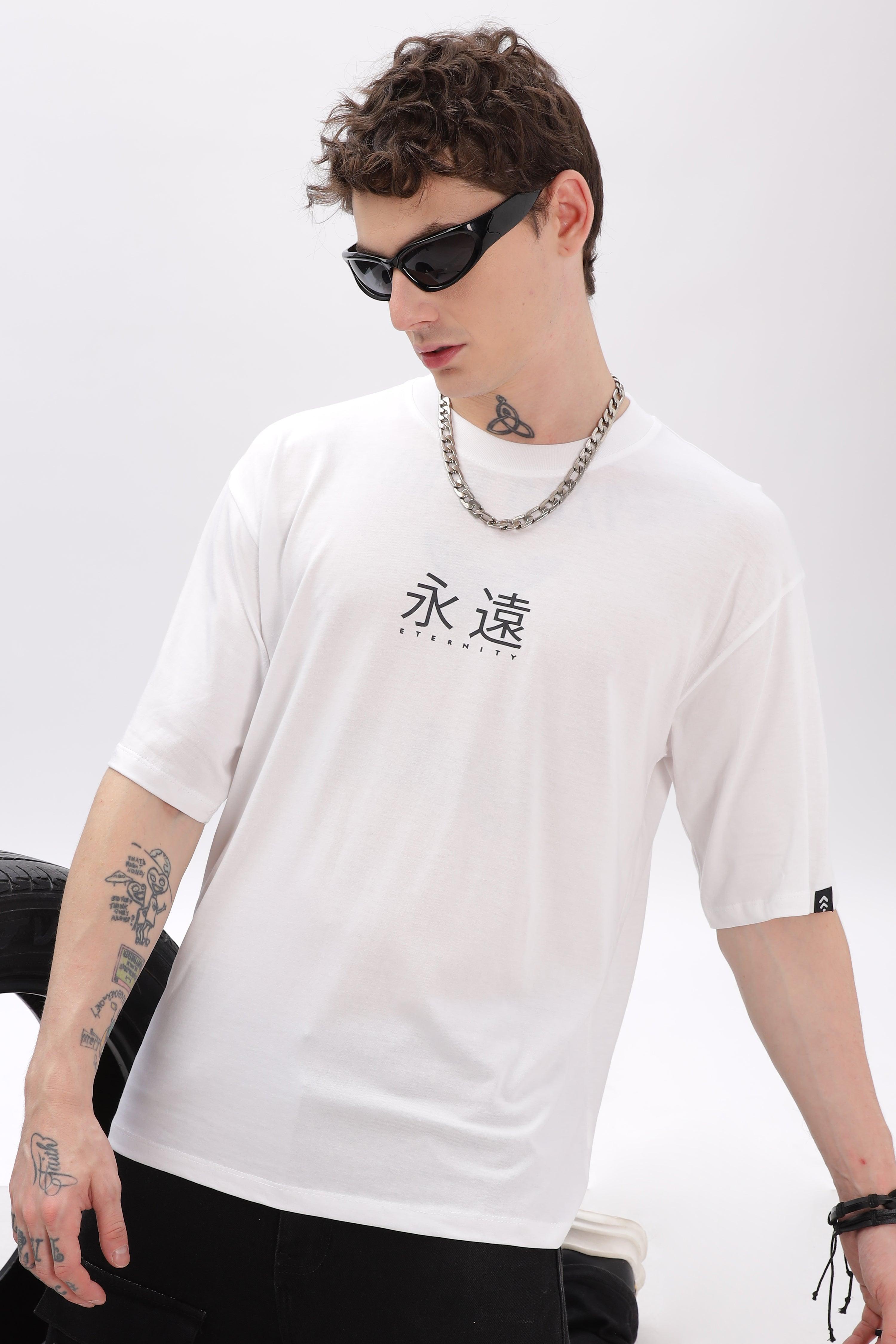 Soulmonk white oversized t-shirt for men with black printed design worn by male model