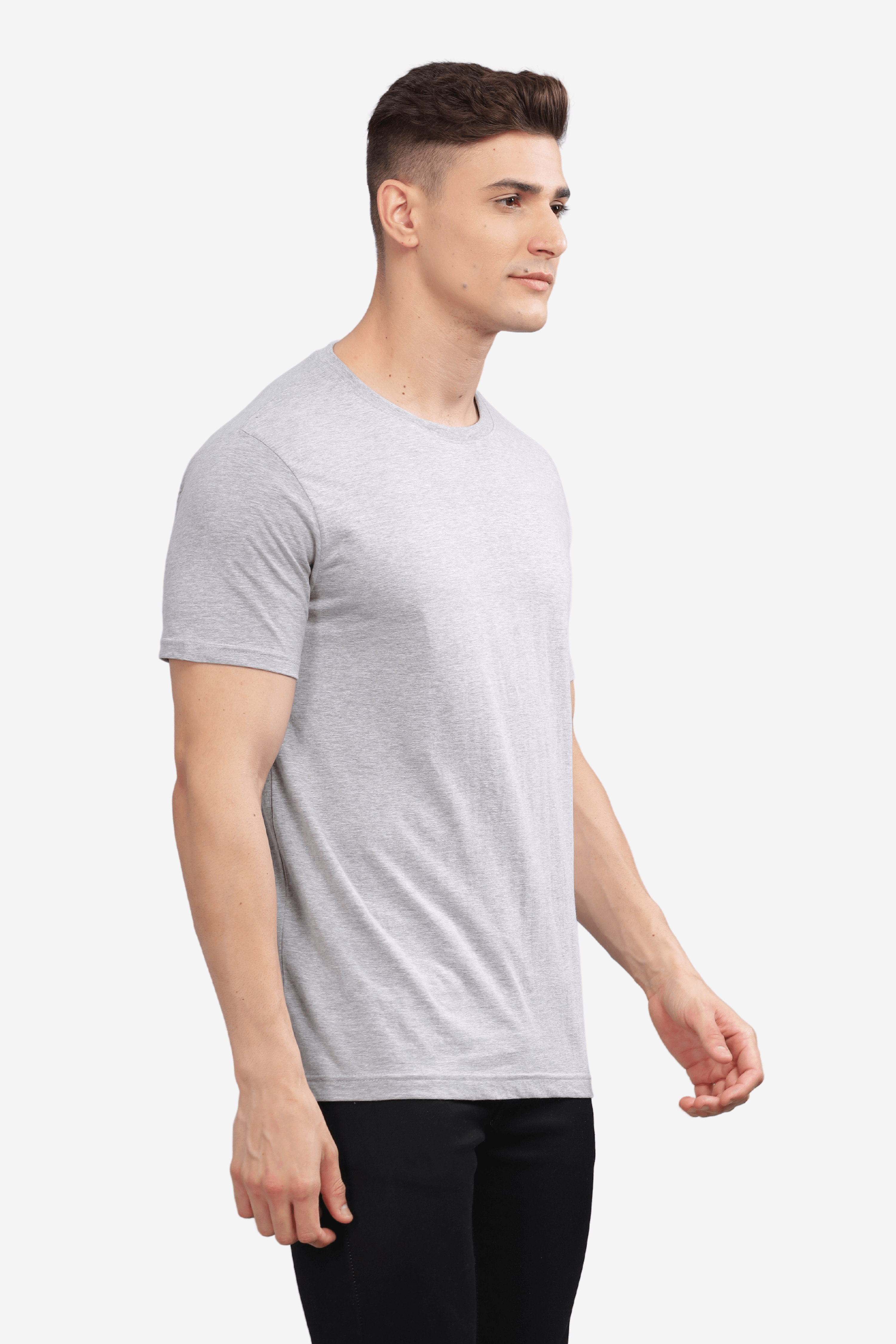 Male model wearing Soulmonk asphalt grey relaxed fit t-shirt paired with black pants