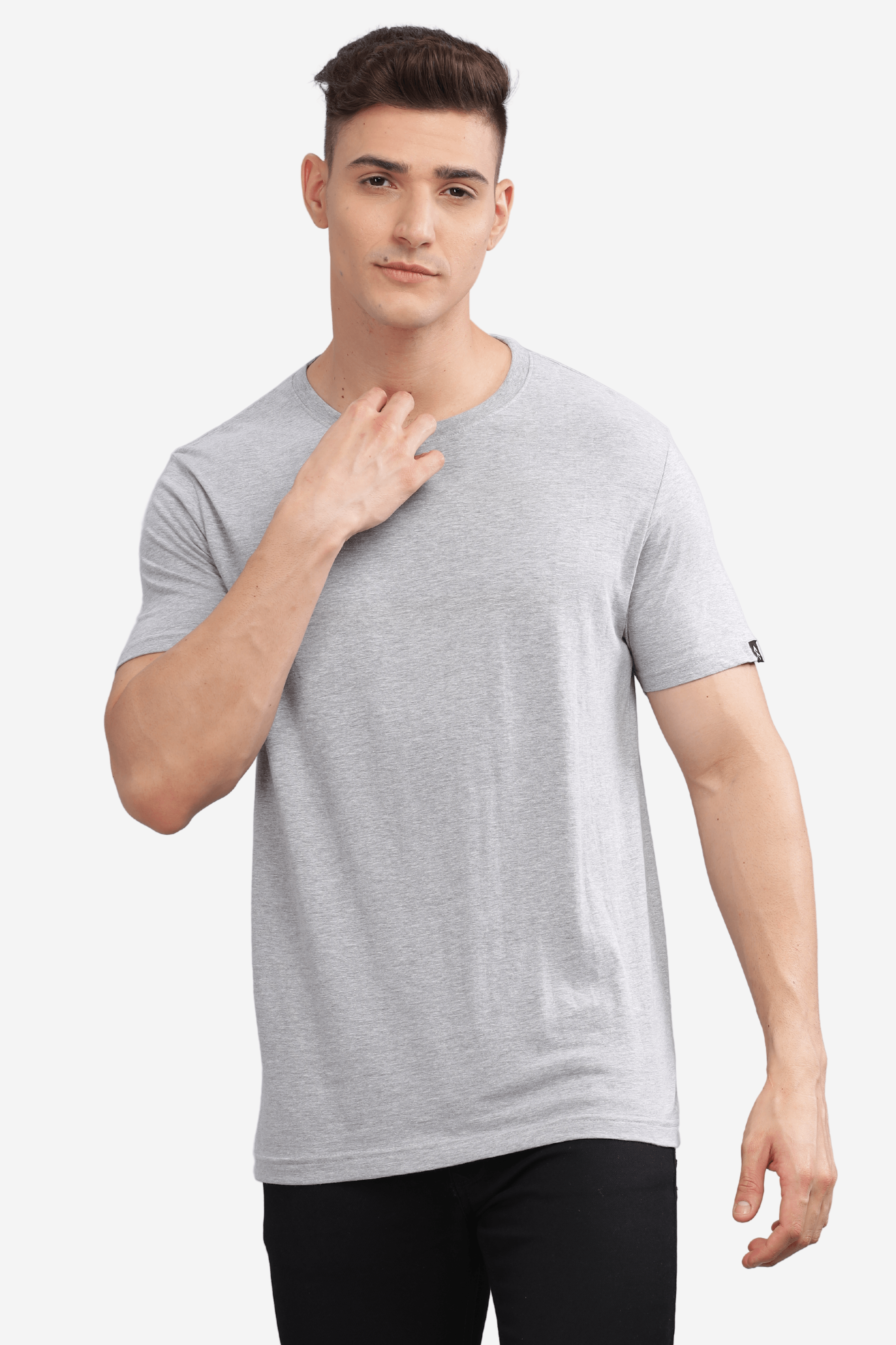 Male model wearing Soulmonk asphalt grey relaxed fit t-shirt with short sleeves and crew neck