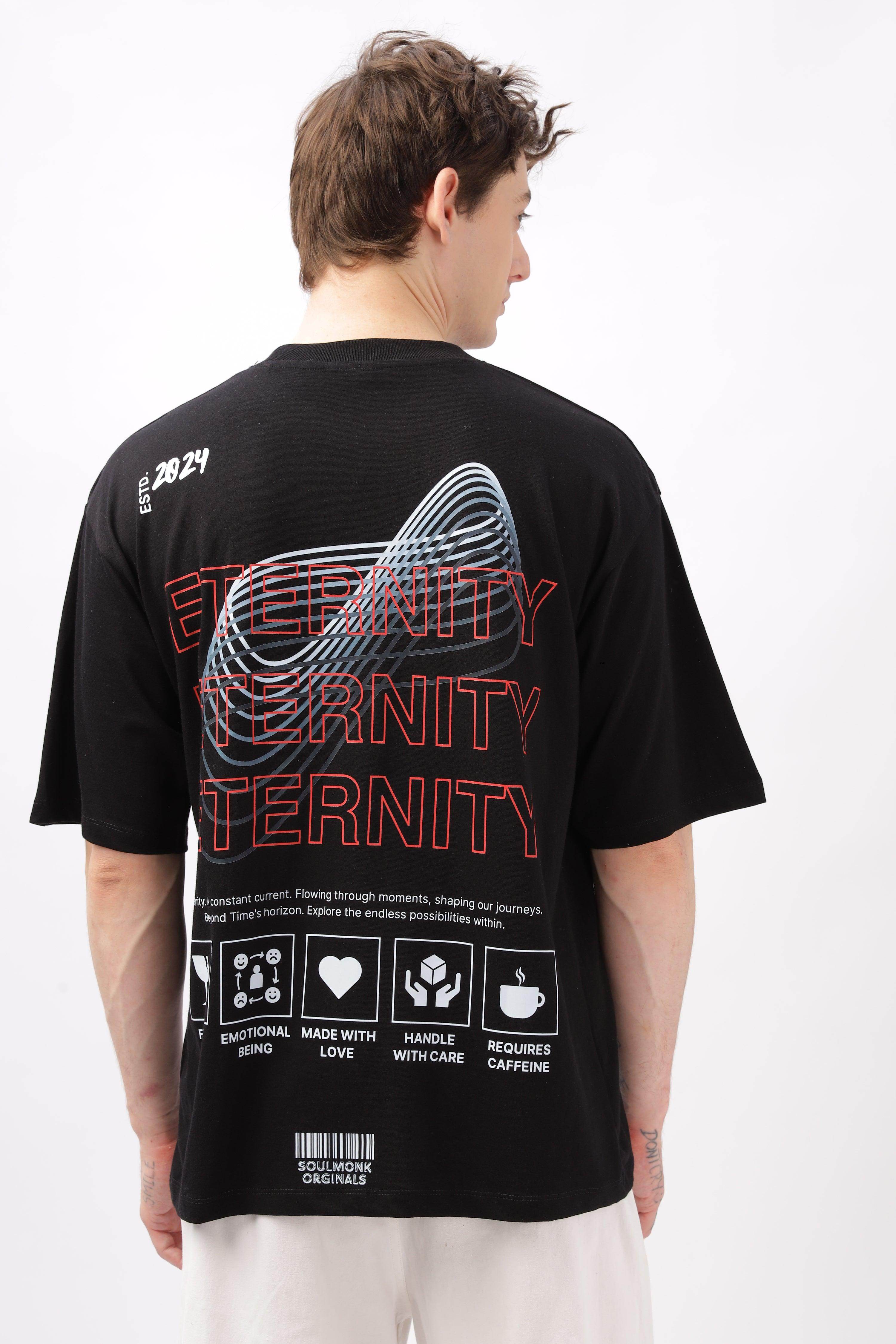 Soulmonk black oversized t-shirt for men with graphic print and loose fit on model