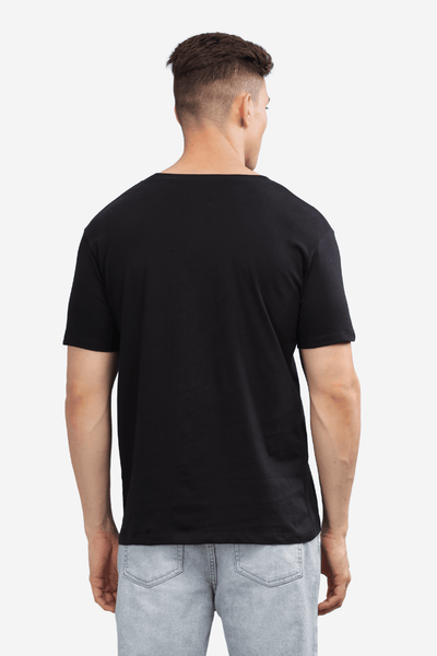 Soulmonk black relaxed fit t-shirt men shown from back on male model with light denim jeans