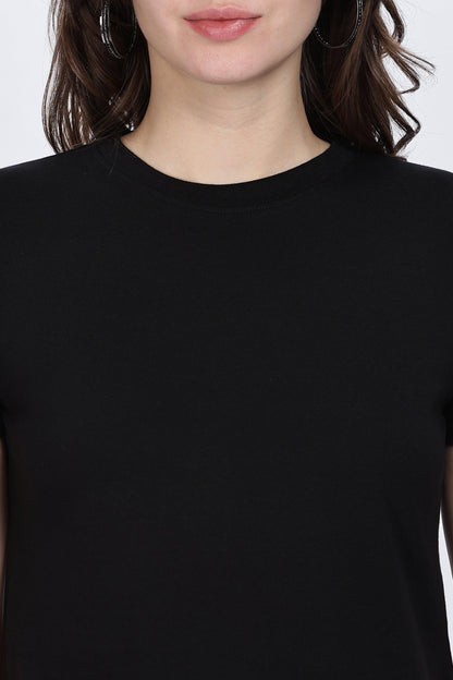 Soulmonk black solid crop top worn by female model with simple round neckline and short sleeves