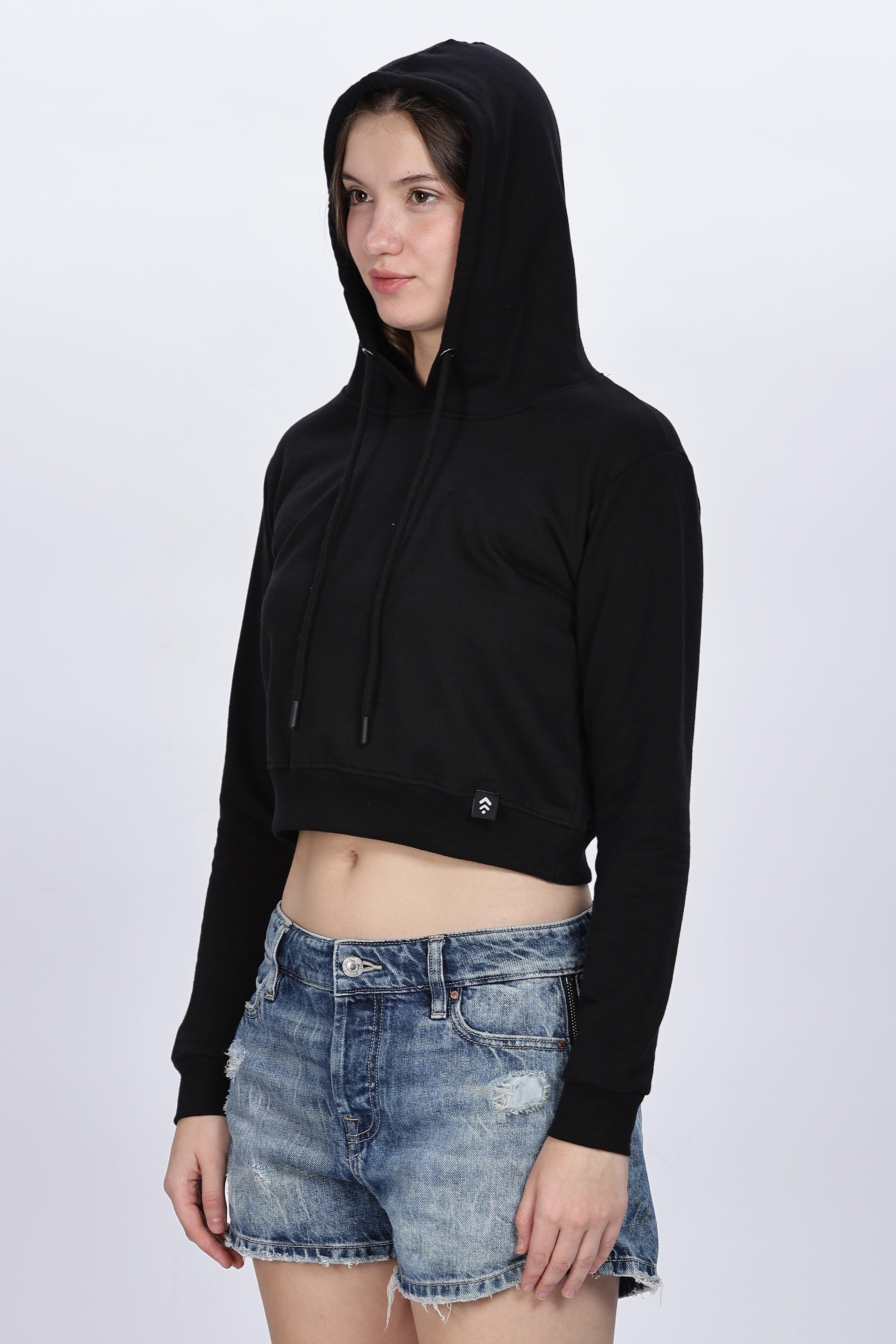 Soulmonk black crop hoodie for women with long sleeves and hood paired with denim shorts