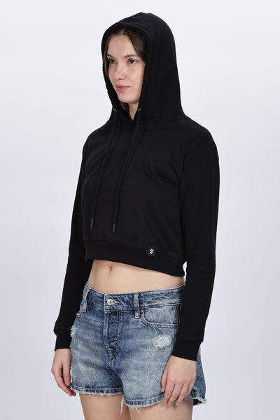 Soulmonk black crop hoodie for women with long sleeves and hood paired with denim shorts