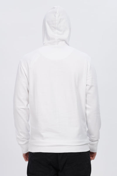 Back view of a man wearing a frost white hoodie for men by Soulmonk with a hood and long sleeves