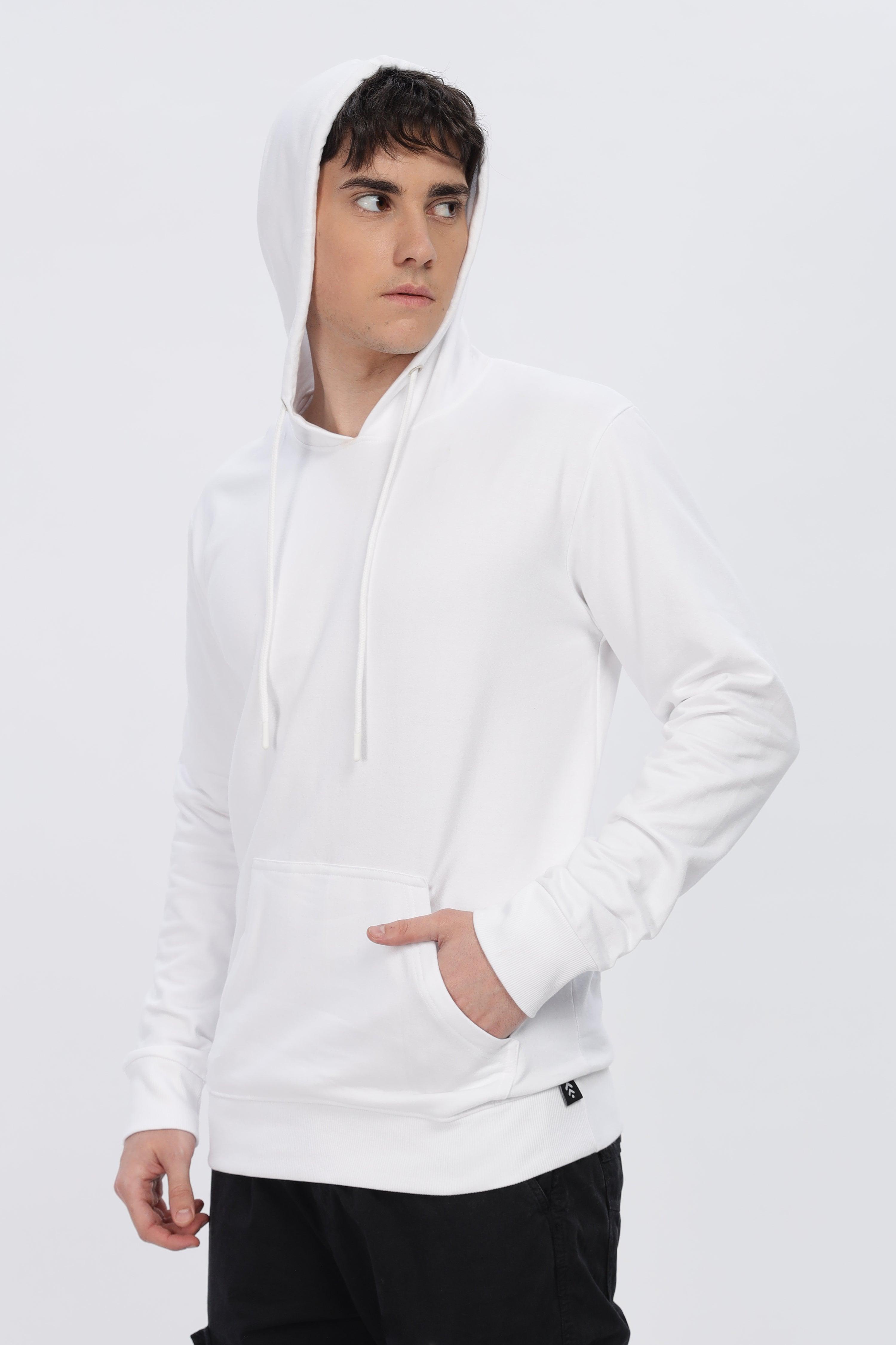 Soulmonk frost white hoodie for men with front pocket and adjustable hood on male model