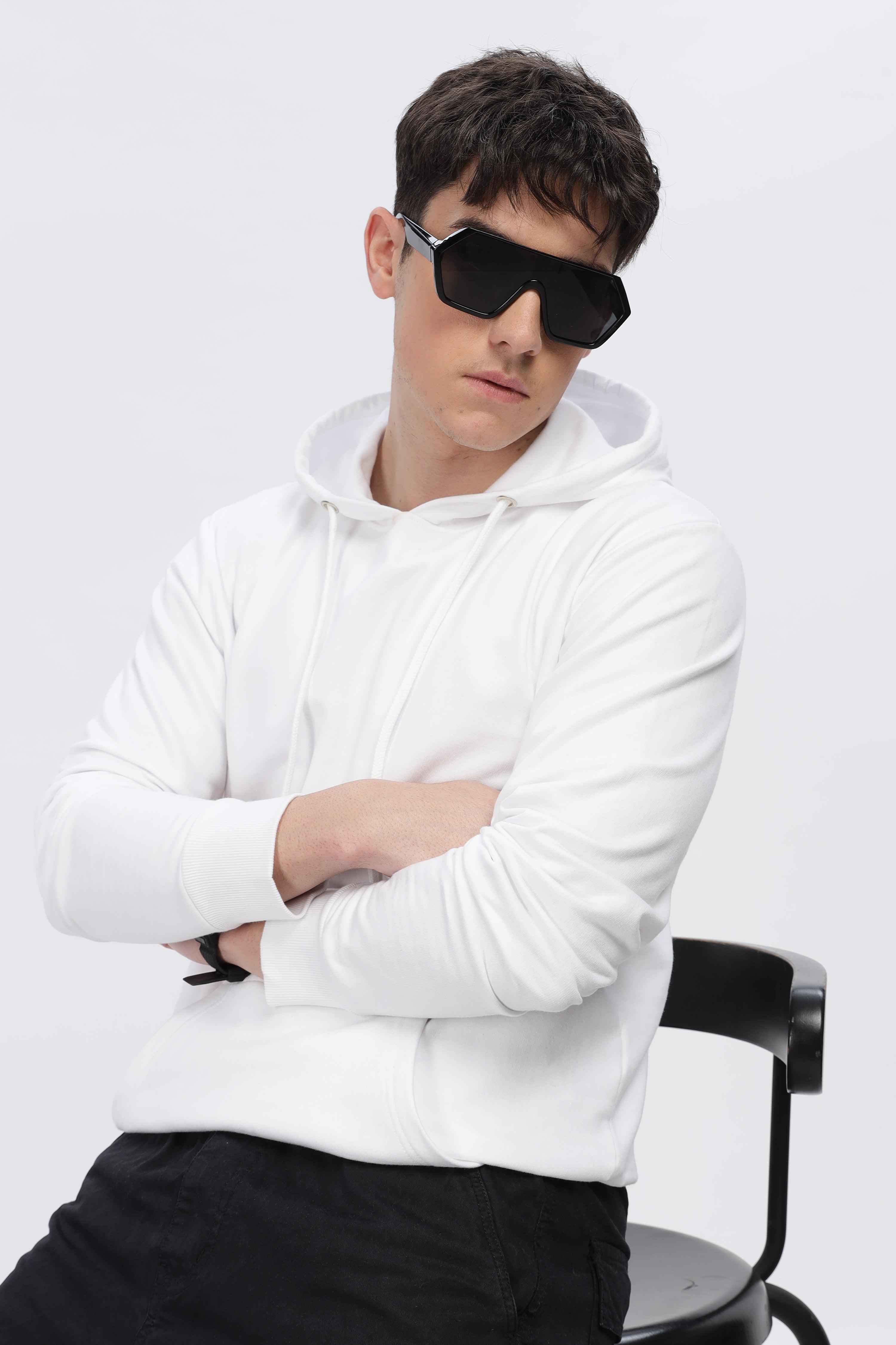 Soulmonk frost white hoodie for men worn by male model with sunglasses sitting on black chair