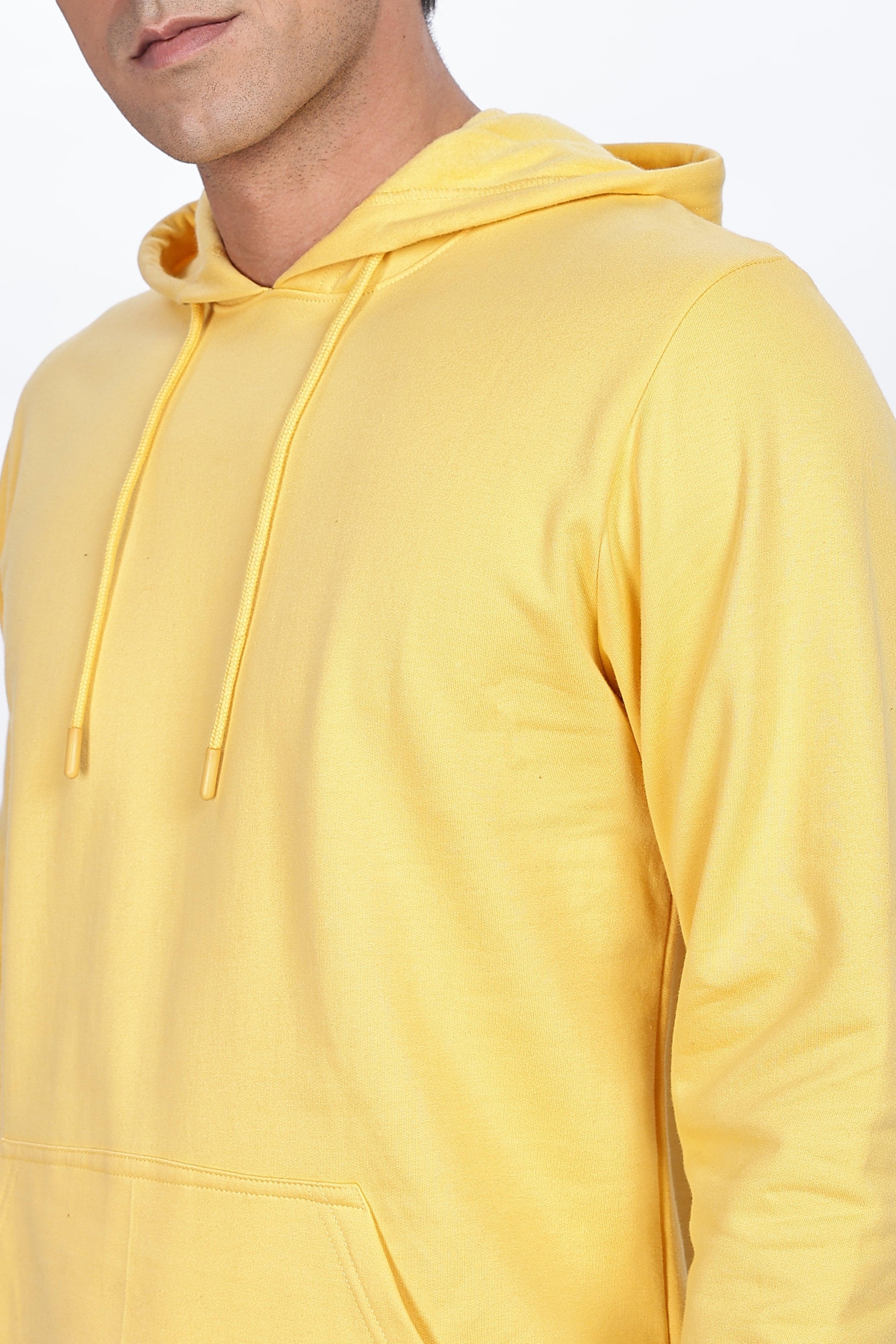 Soulmonk male golden yellow hoodie with front pocket and drawstring hood