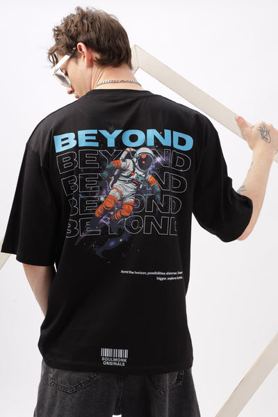 Soulmonk oversized black t-shirt for men with astronaut and beyond graphic design on back