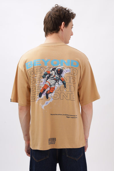 Soulmonk oversized taupe t-shirt with astronaut graphic and beyond text on the back