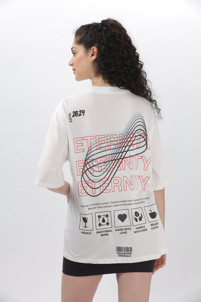Soulmonk white oversized t-shirt for women with eternity graphic design on back worn by model