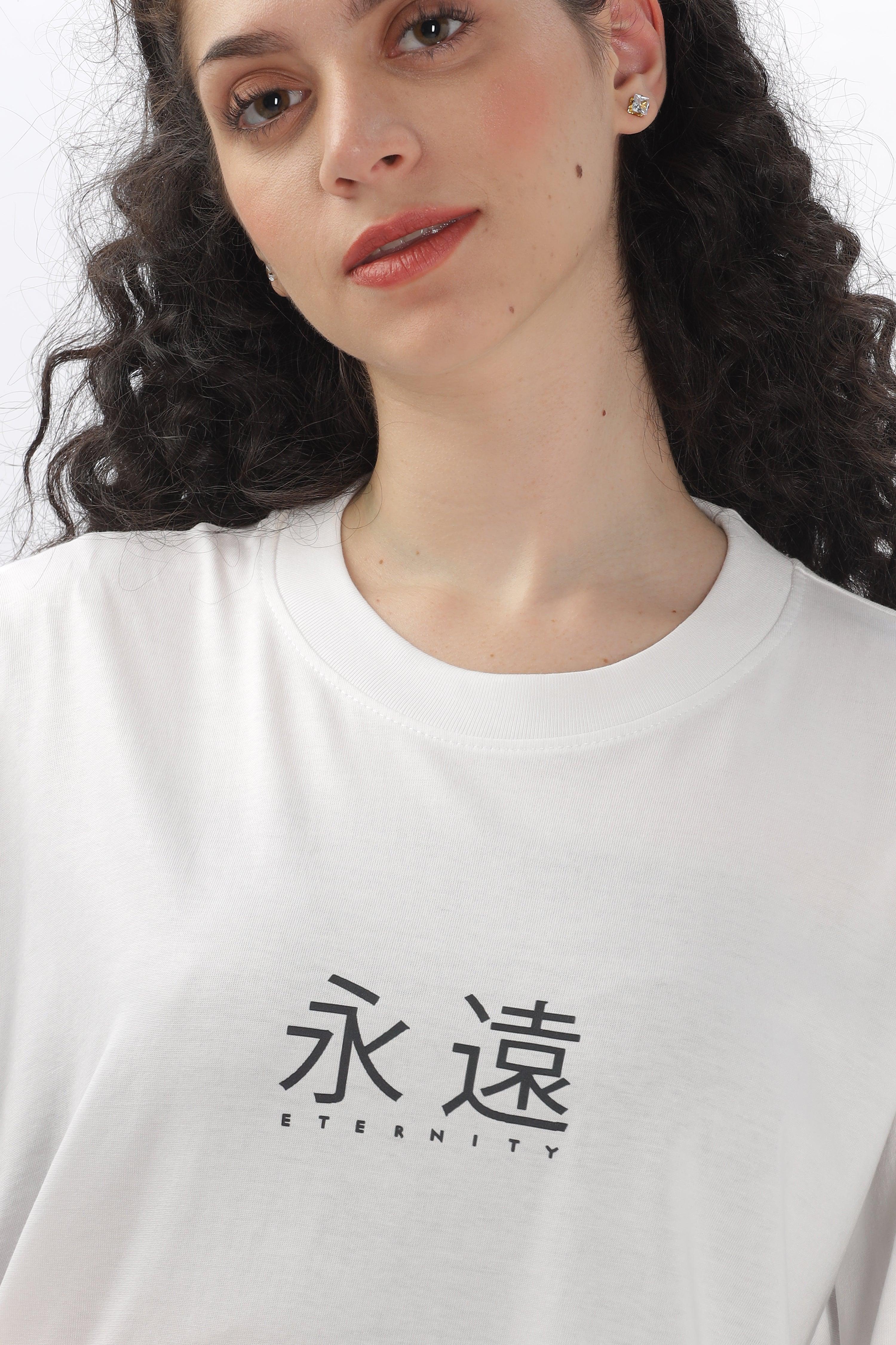 Soulmonk white oversized t-shirt for women with black Japanese eternity print and crew neckline