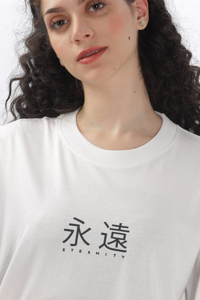 Soulmonk white oversized t-shirt for women with black Japanese eternity print and crew neckline