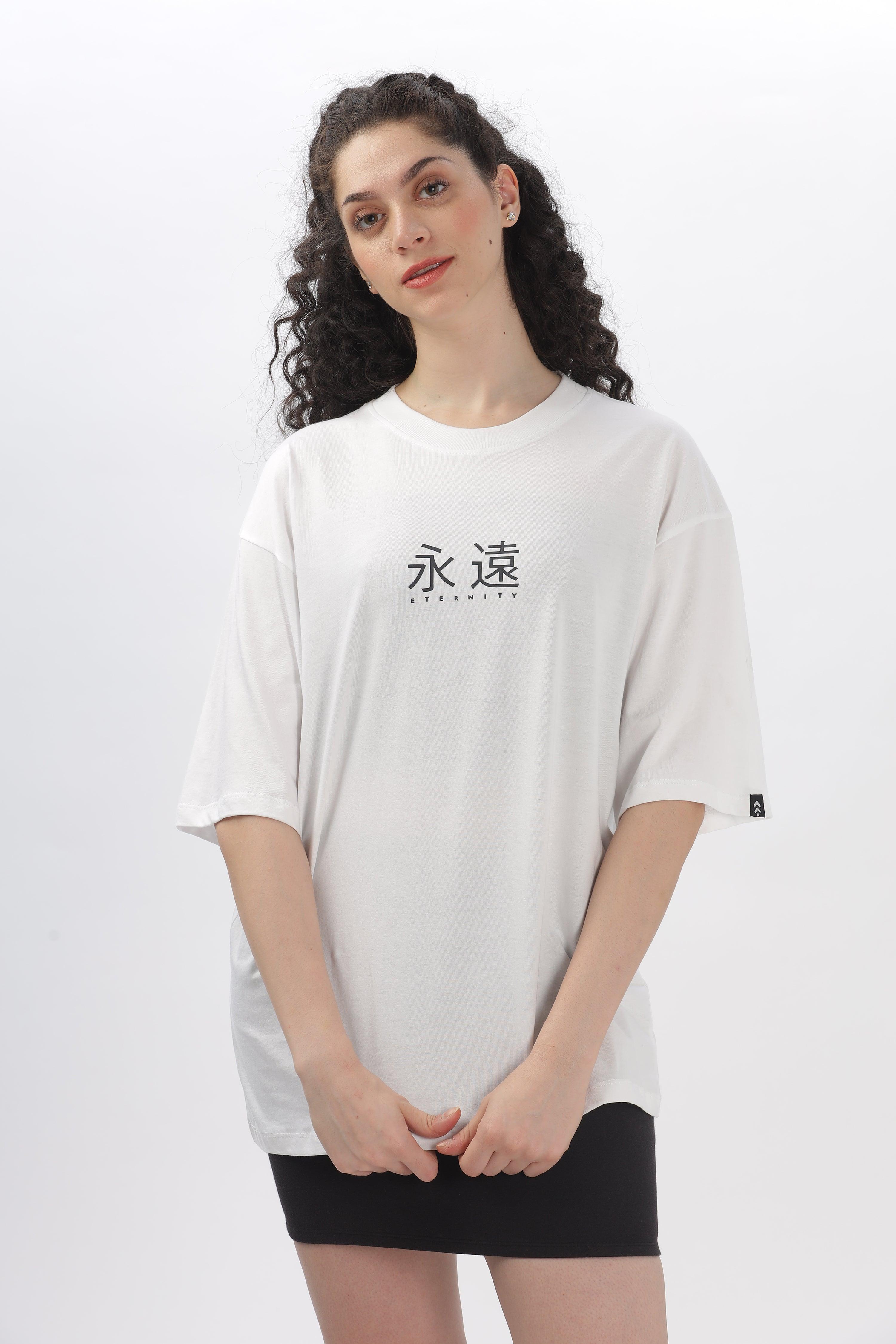 Soulmonk white oversized t-shirt for women with black text design worn by female model