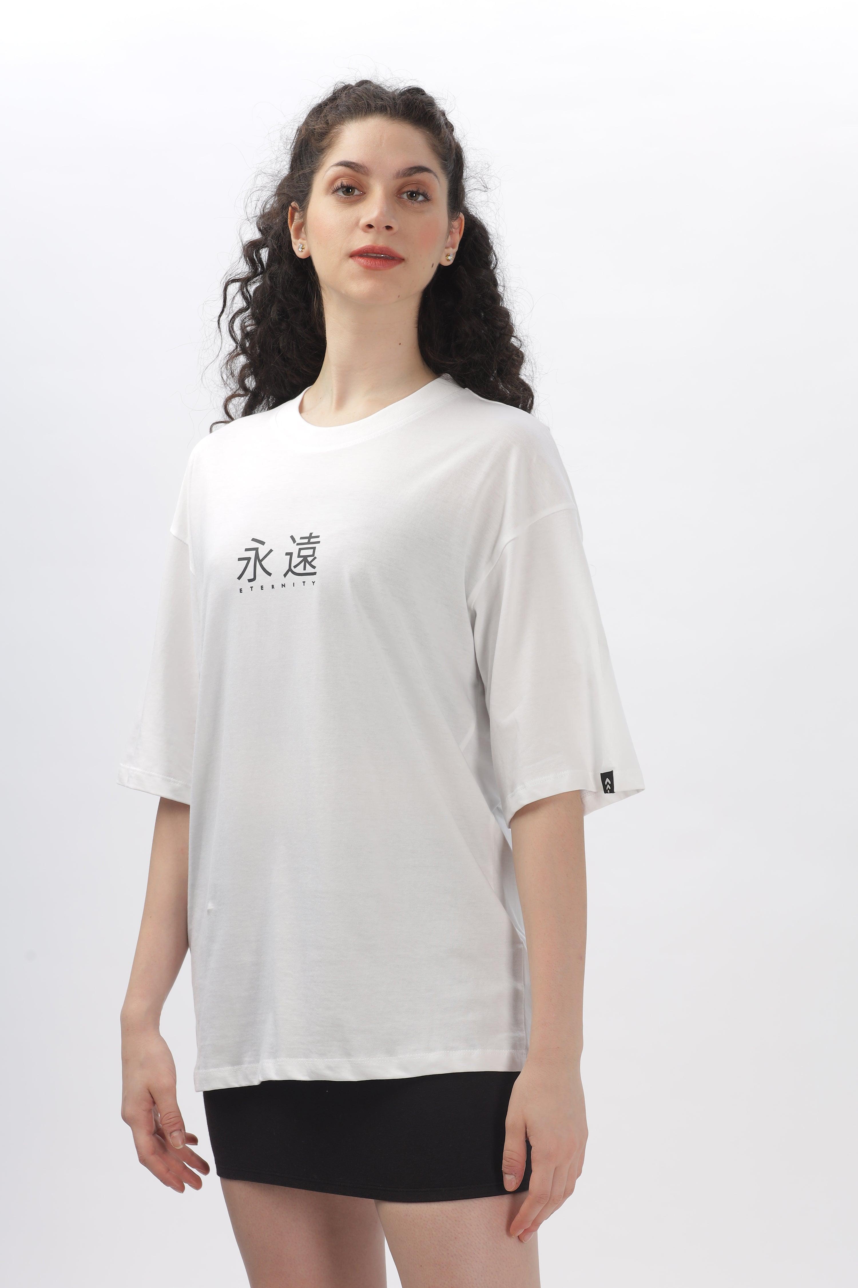 Soulmonk white oversized t-shirt for women with minimalist black print worn by female model