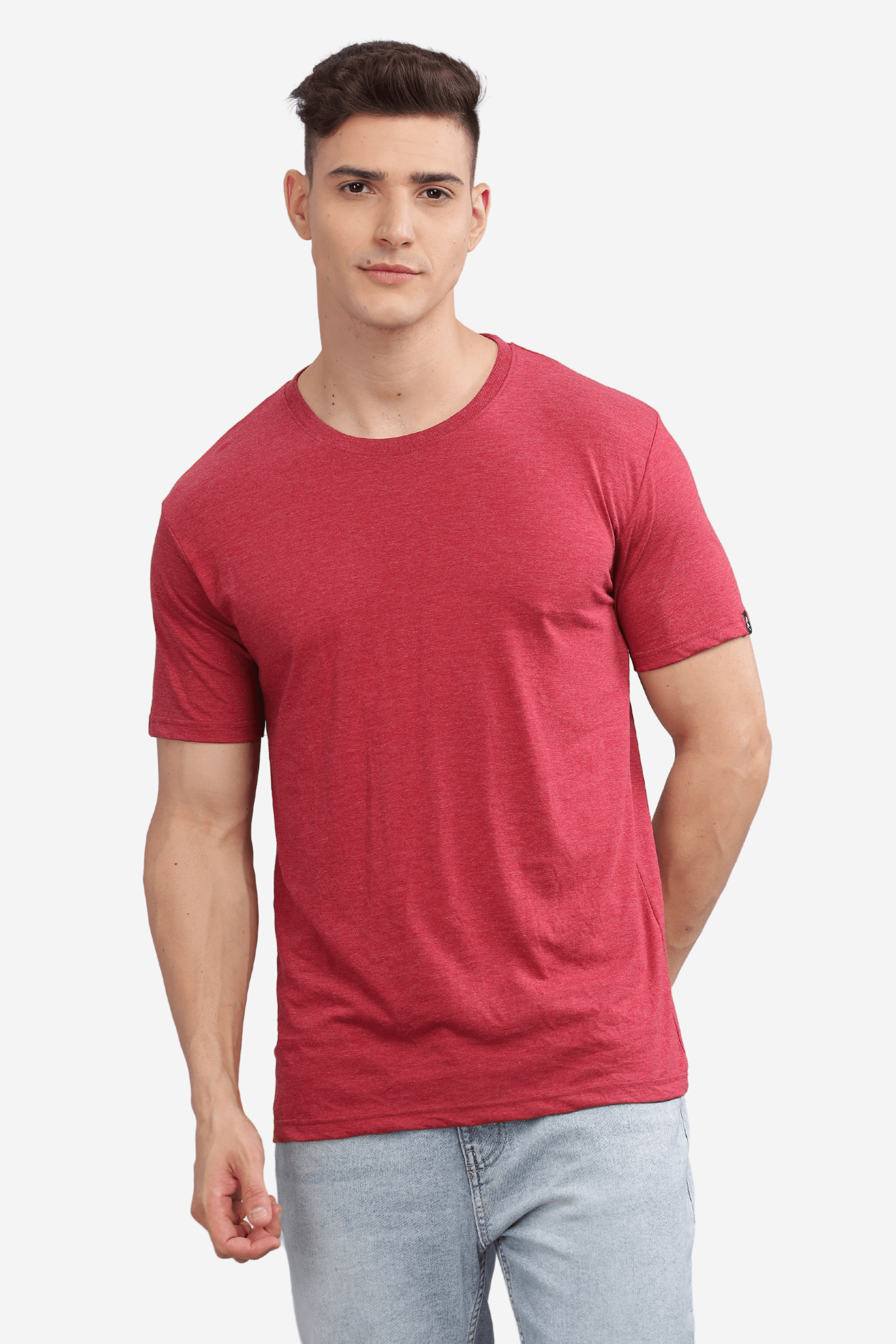 Soulmonk cardinal red casual t-shirt worn by male model with light wash jeans