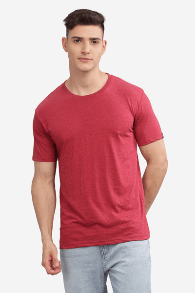Soulmonk cardinal red casual t-shirt worn by male model with light wash jeans