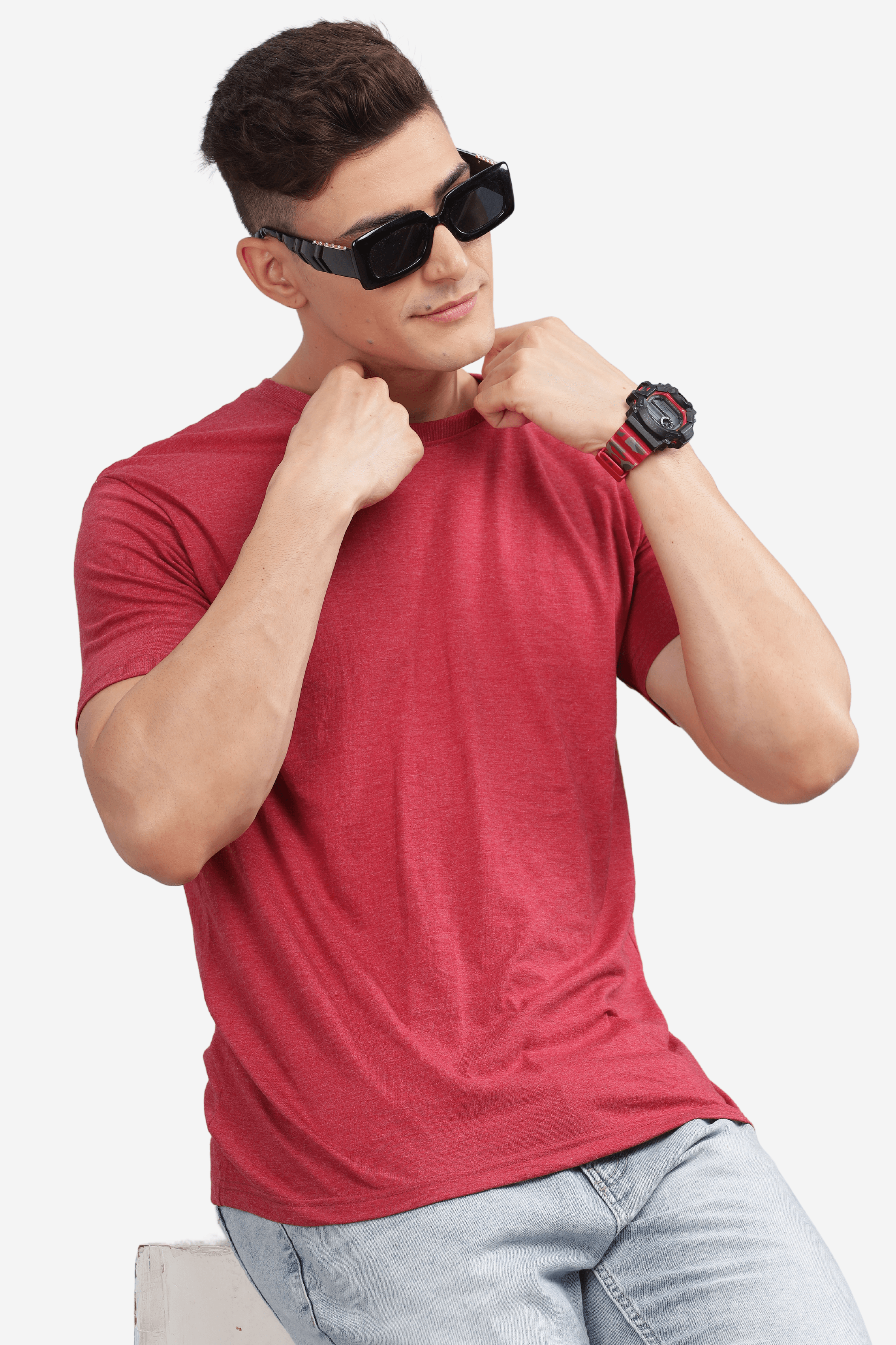 Male model wearing cardinal red casual t-shirt from Soulmonk with black sunglasses and wristwatch
