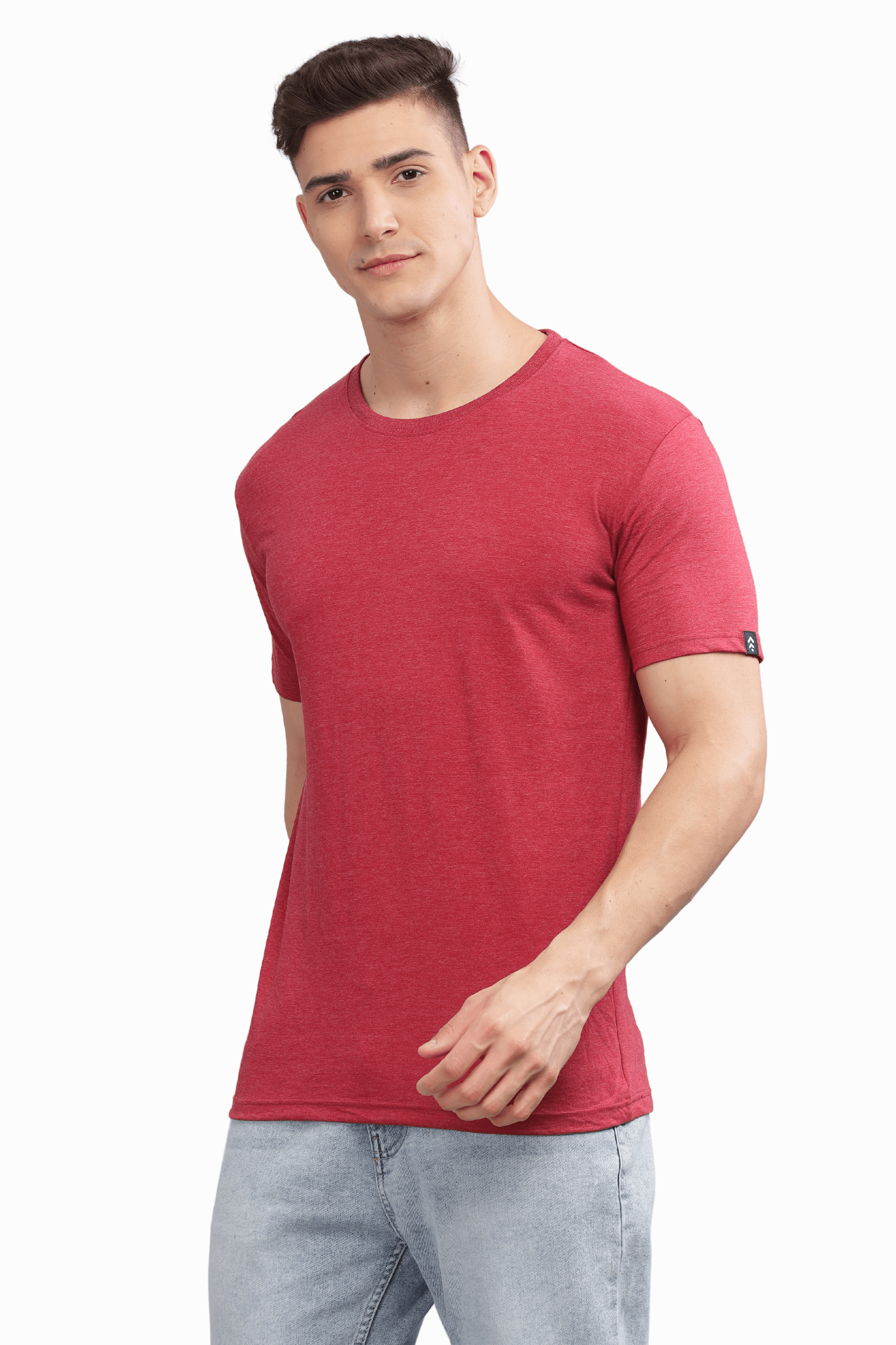 Soulmonk male model wearing cardinal red casual t-shirt with short sleeves and crew neck
