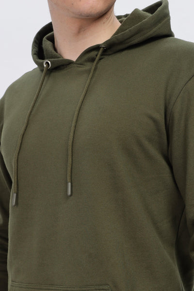 Soulmonk male olive green hoodie with adjustable drawstring hood and front pocket