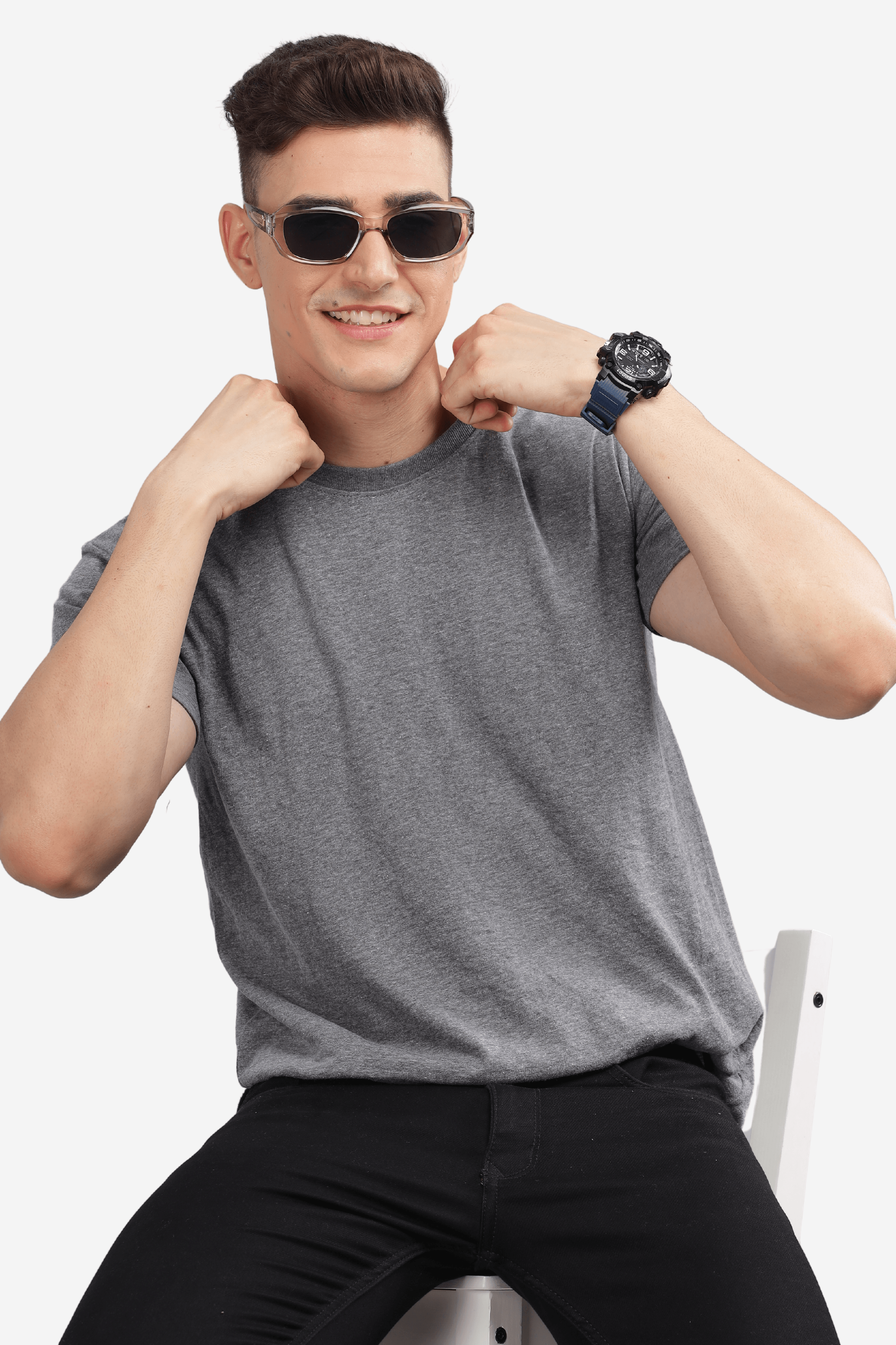 Male model wearing a Soulmonk dark grey relaxed fit t-shirt with black pants and sunglasses