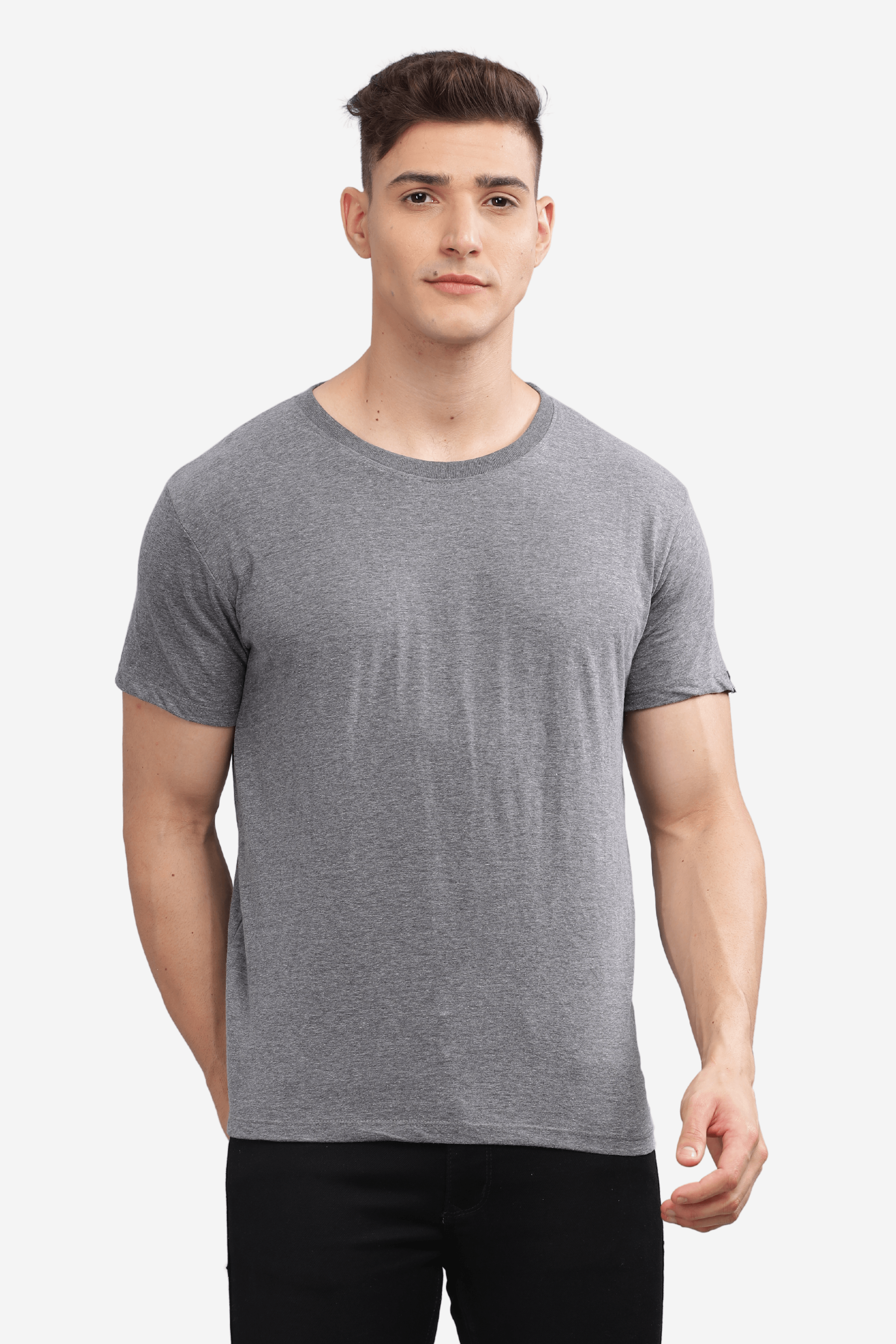 Male model wearing Soulmonk dark grey relaxed fit t-shirt with short sleeves and round neck