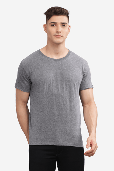 Male model wearing Soulmonk dark grey relaxed fit t-shirt with short sleeves and round neck