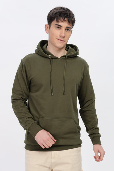 Soulmonk male model wearing olive green hoodie with front pocket and adjustable drawstrings