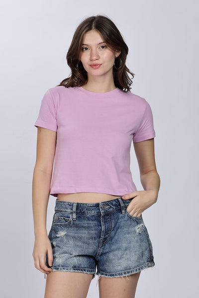 Soulmonk lavender crop top for women paired with casual denim shorts on female model