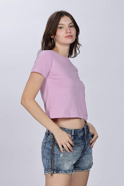 Soulmonk lavender crop top for women paired with casual denim shorts on a female model