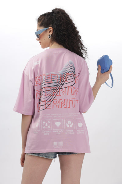 Soulmonk lavender oversized t-shirt with graphic design on back worn by female model with sunglasses